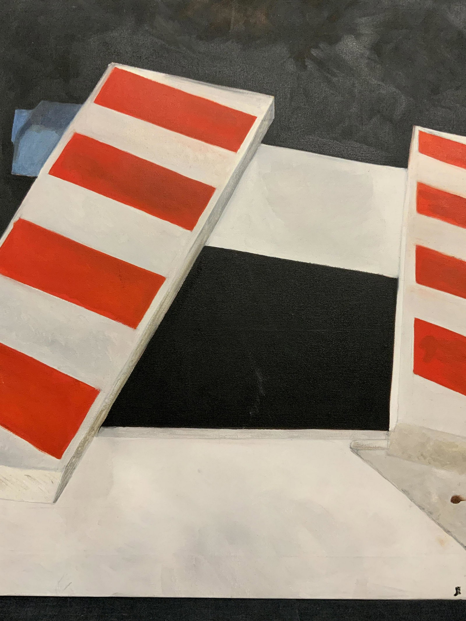 Abstract Acrylic on Canvas ‘Interdict’: Abstract acrylic on canvas ‘Interdict’, title to border reads ‘Interdict’, no other apparent inscriptions or signatures, subject a minimalist abstract scene with caution like signs, possibly m
