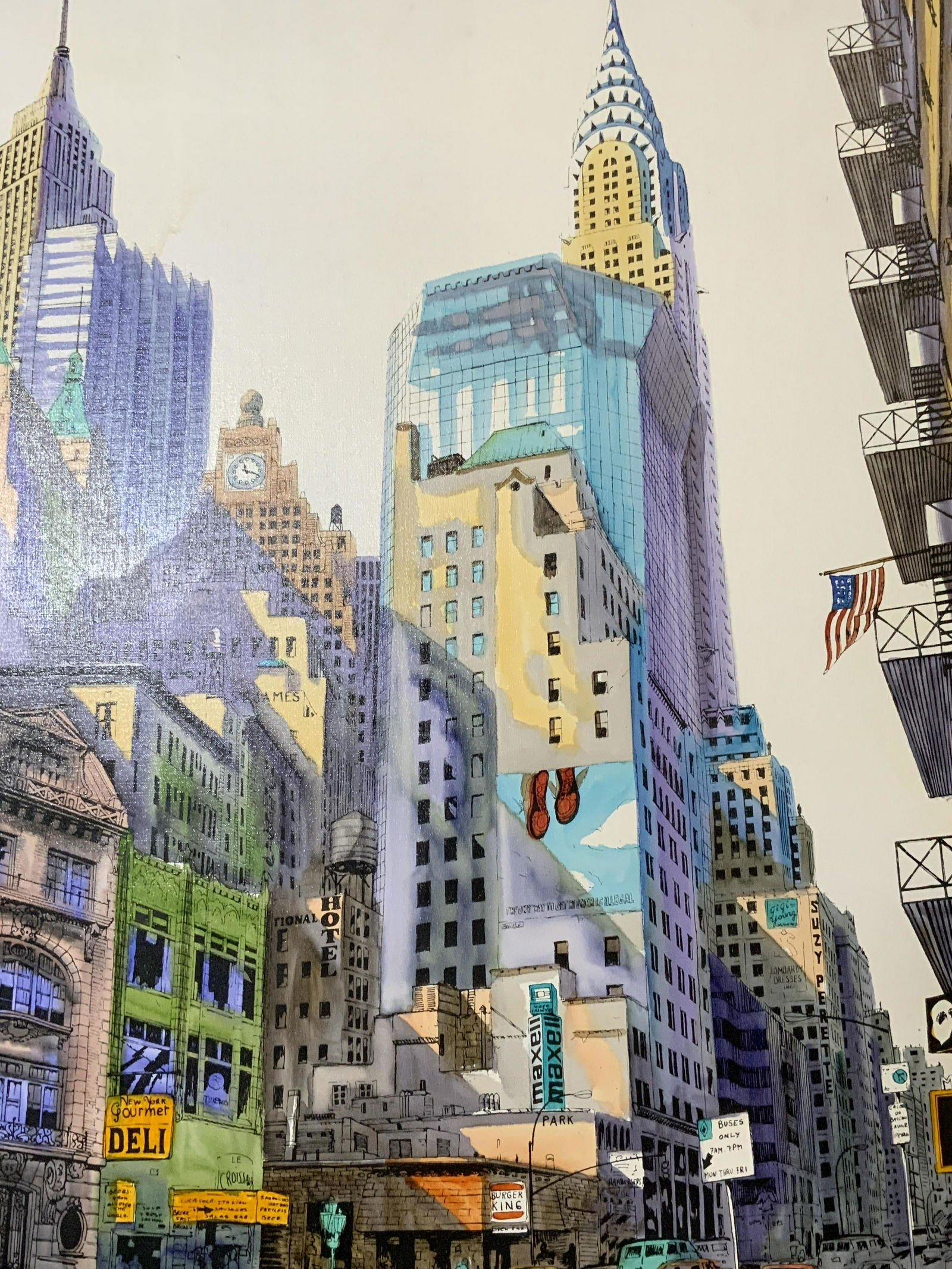 Colored Lithograph on Canvas City Scene (1 of 9)