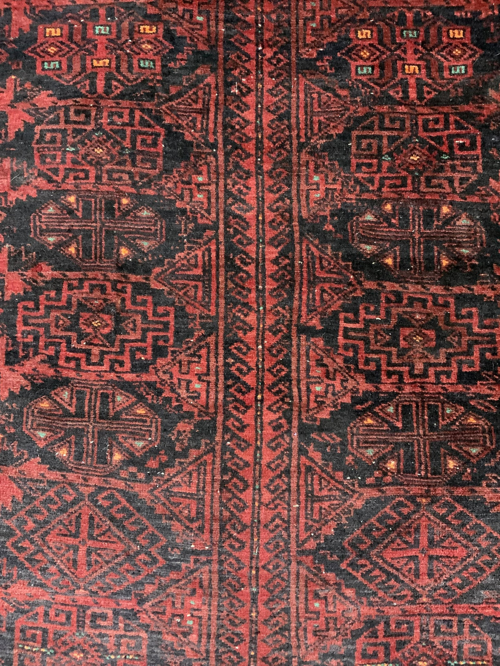 Vintage Persian Area Rug: Persian area rugs, vintage, possibly antique. Wear to fringed ends. Decorated with multi toned geometric pattern. Wear is consistent with age and use. Measures approx 71 inches h, 48 inches w. Persian
