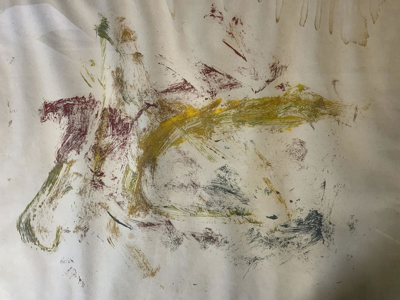 HELLER Signed Abstract Lithograph: HELLER Signed Abstract Lithograph, signature to lower left reads ‘Heller’, subject washes of color, measures 18 5/8 x 22 3/4 inches, gilt wooden frame, surface wear to frame, professionally framed