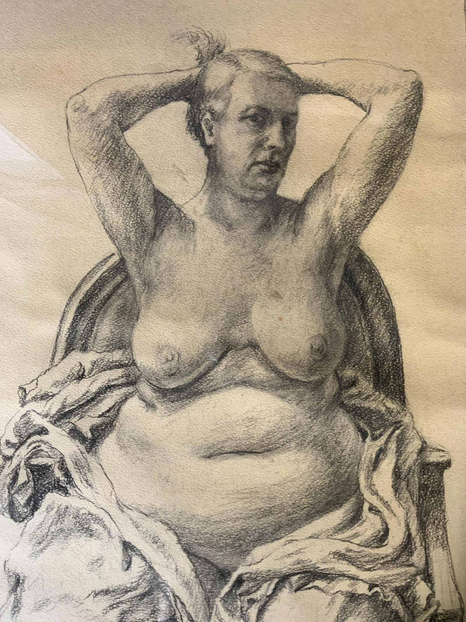 KATHERINE SCHMIDT Charcoal Drawing, Female Nude: KAKATHERINE SCHMIDT Charcoal Drawing, Female Nude, no apparent inscriptions or signatures to piece, not examined out of frame, label to reverse reads ‘Midtown Galleries Katherine Schmidt Portrait of