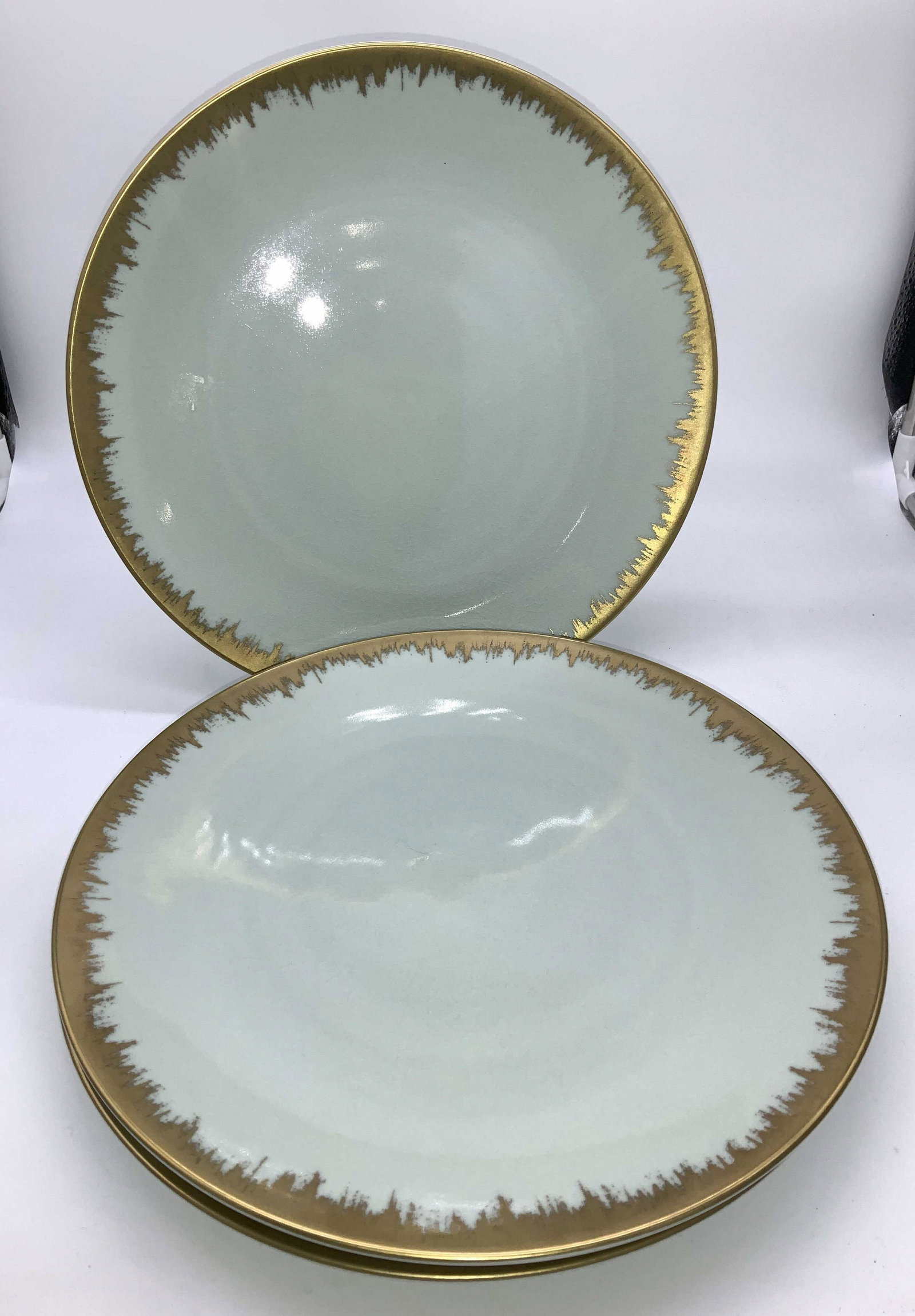 Kim SEYBERT Seaglass Brushstroke Charger Plates 8: New Charger Plates, Label still on dishes, never used. Hand crafted in Portugal and signed on verso. These luxury Chargers measure 12.25 in. & can be used in leu of Chargers as large dinner plates if 