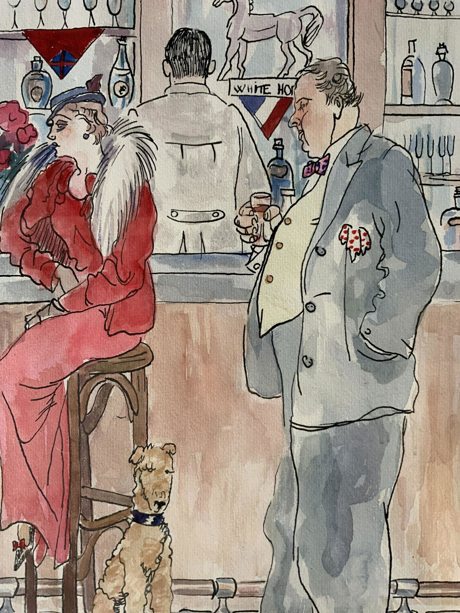 20th Century French Watercolor Painting, Au Bar (1 of 10)