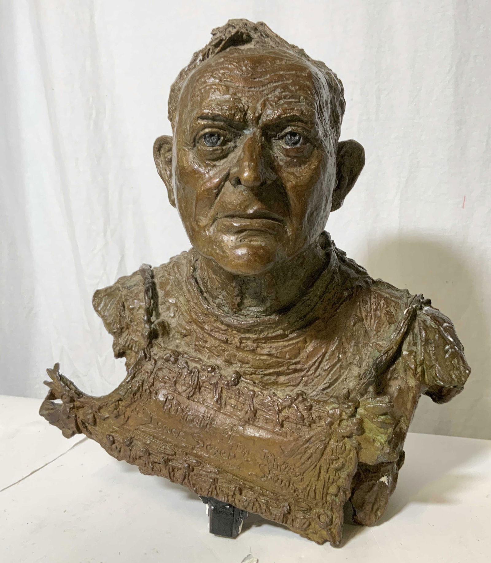 Bronze Bust of Isaac Soyer 1967: Bronze Bust of Isaac Soyer 1967, signature to piece illegible, inscriptions read Â‘Portrait of Isaac Soyer byÂ’, and Â‘A man who is dedicated to art Aug 5, 1967Â’, subject a bust of 20th c