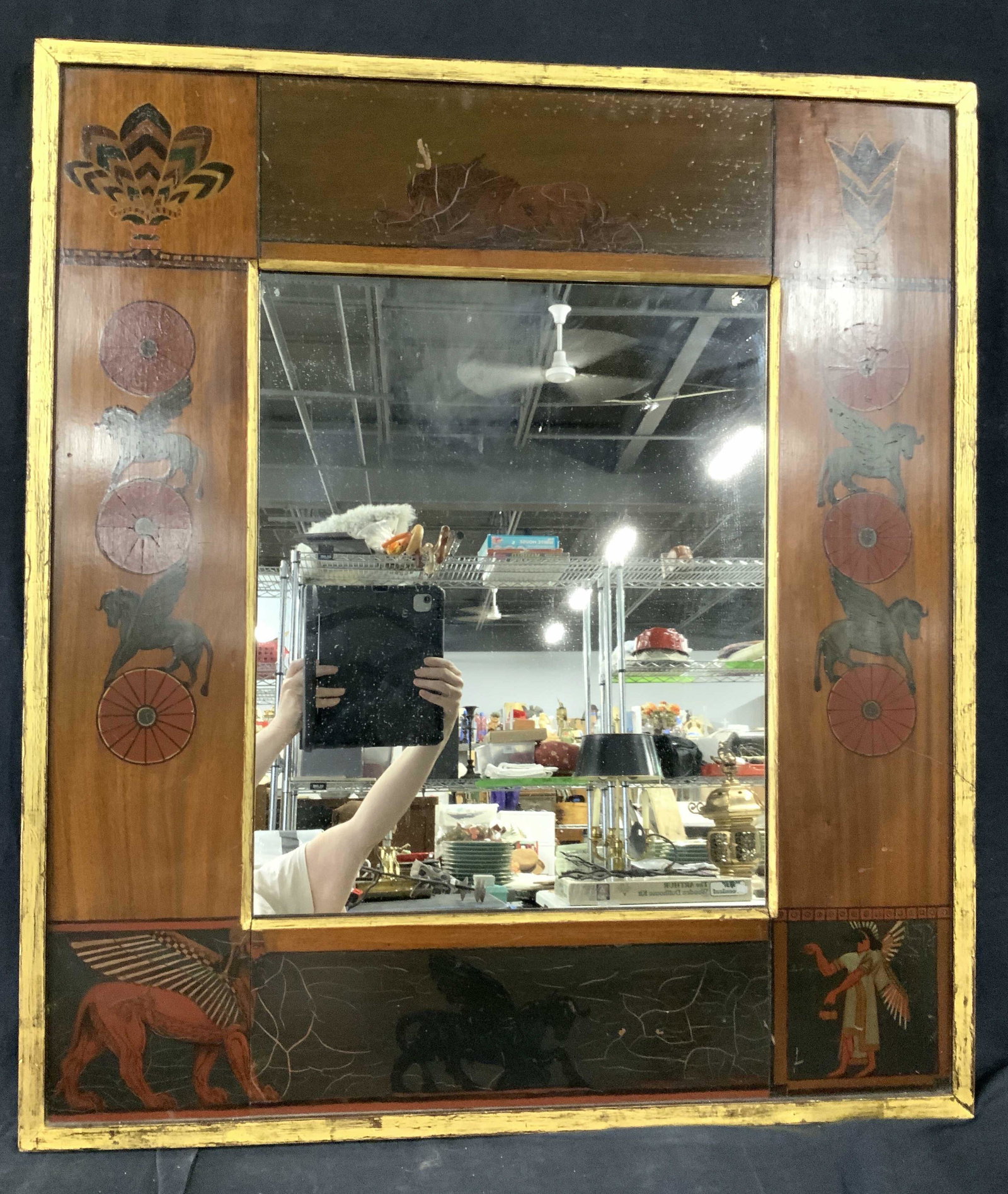 Antique Arts & Crafts Painted Wood Mirror, England: Hand Made Mirror and Hand Painted Wood with veneer. Illustrations of Pegasus on wheel and Egyptian mythological urmahlullu/ Lion - Centaur and other Egyptian Symbols in the 4 corners. Exterior and int