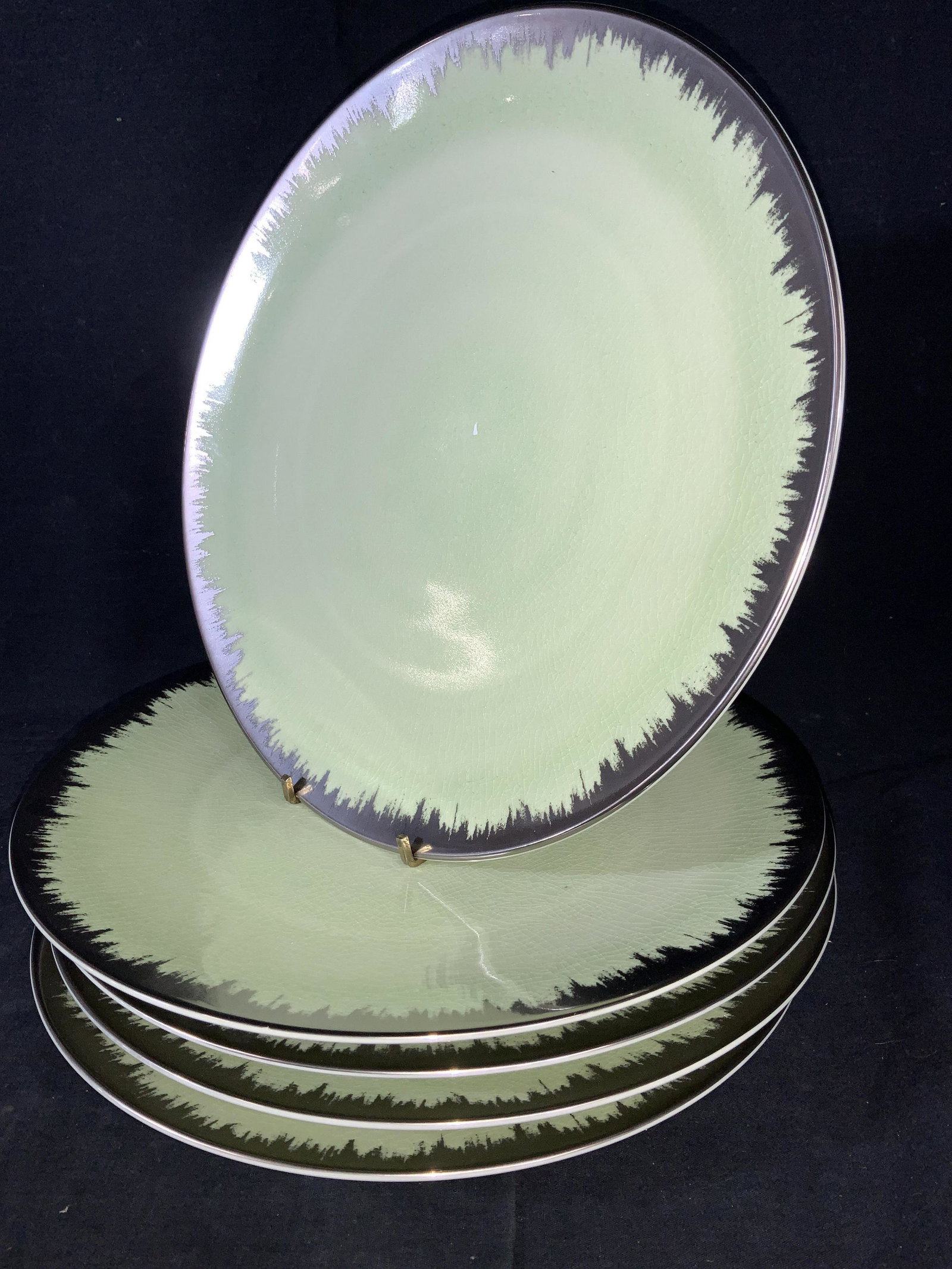 Set 5 Kim Seybert Spearmint Shakti Chargers: New Charger Plates, Label still on dishes, never used. Hand crafted in Portugal and signed on verso. These luxury Shakti Chargers measure 12.25 in. & can be used as large dinner plates if desired. Spe
