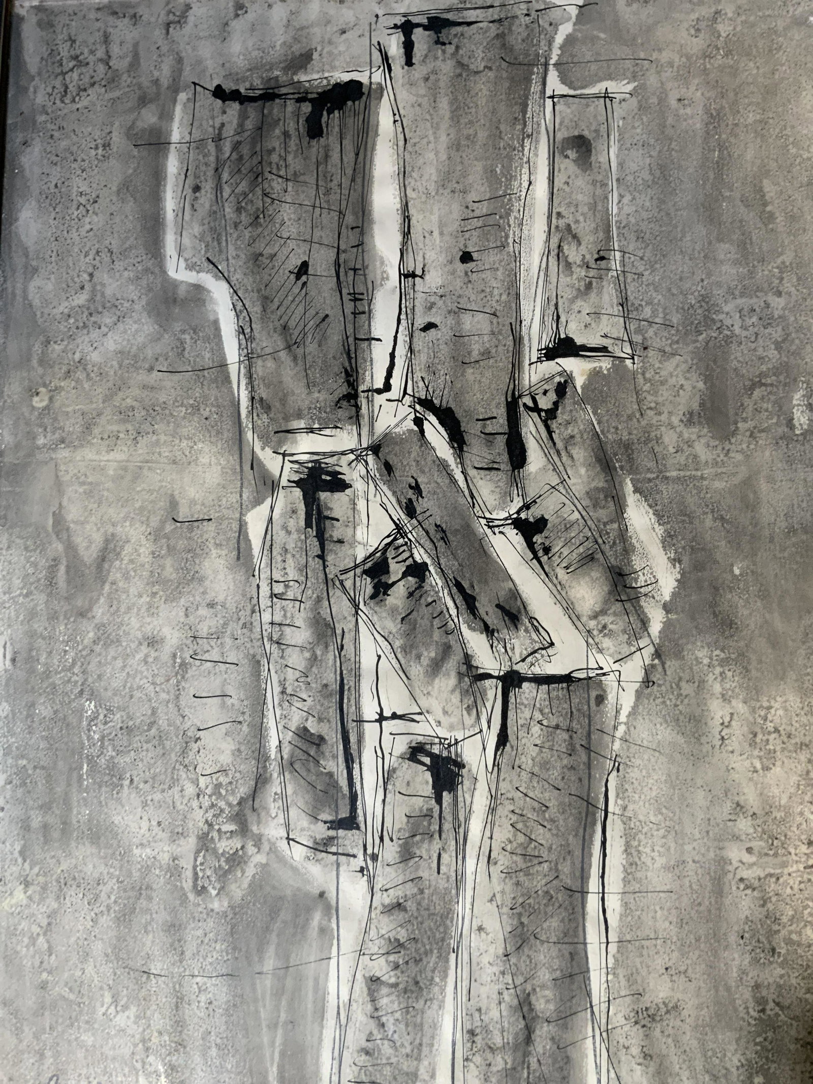 SHEMI Signed Ink Painting 1962: SHEMI Signed Ink Painting 1962, possibly the work of Yehiel Shemi, label to reverse reads ‘Kulicke SL Singer’, subject abstracted rectangles, measures 26 1/4 x 20 1/4 inches, wooden and composite 