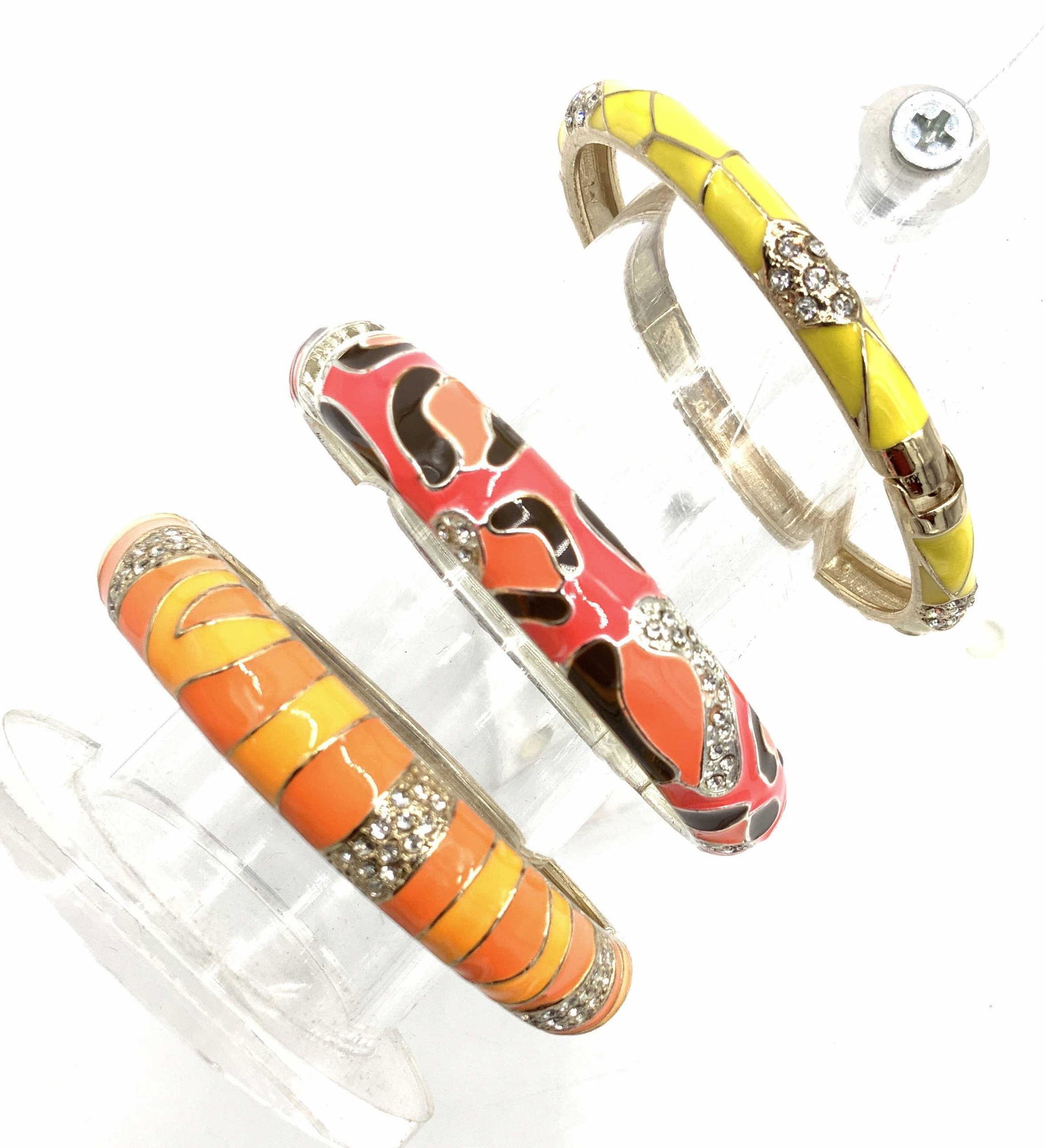 3 SIGNED SEQUIN Enamel & Crystal Bangles, Jewelry: Round Bangle bracelets that hinge open, all bright Caribbean Colors with a jungle motif. All 2.25 in. diameter. One orange with gold tone metal, one bright yellow with crystal, and one neon coral and 