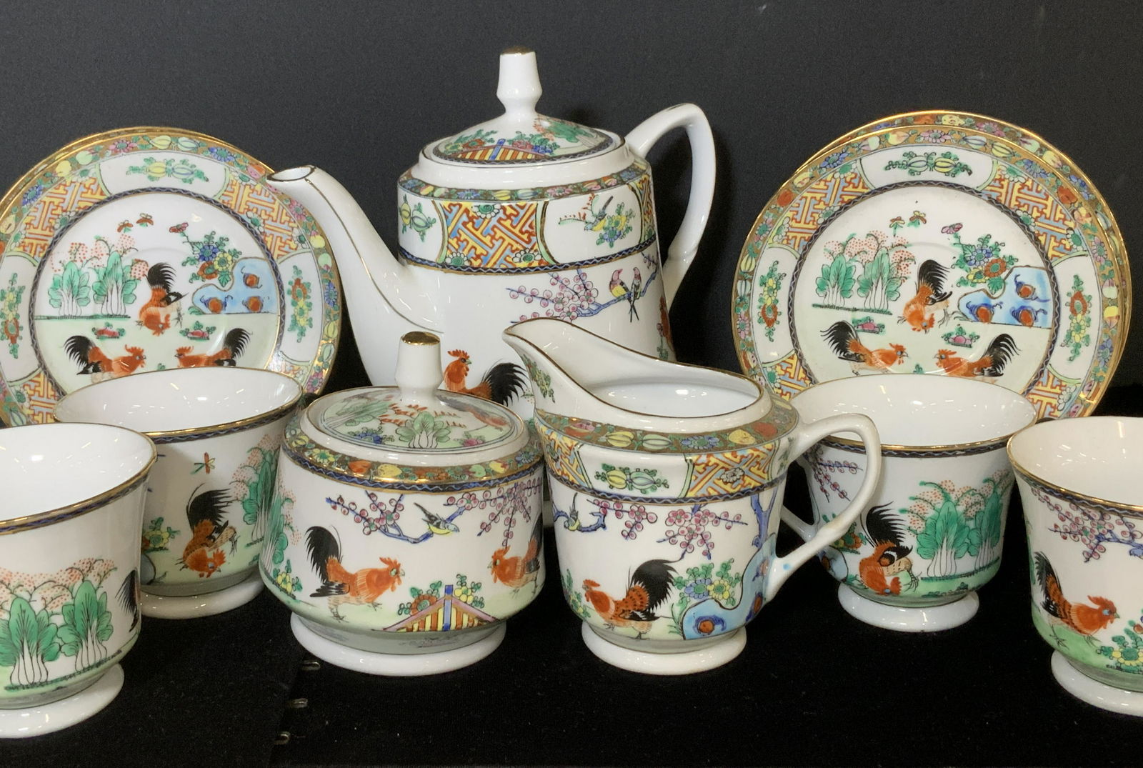 Sgn Rooster Chinese Chinoiserie Porc. Tea Set 11 (1 of 11)