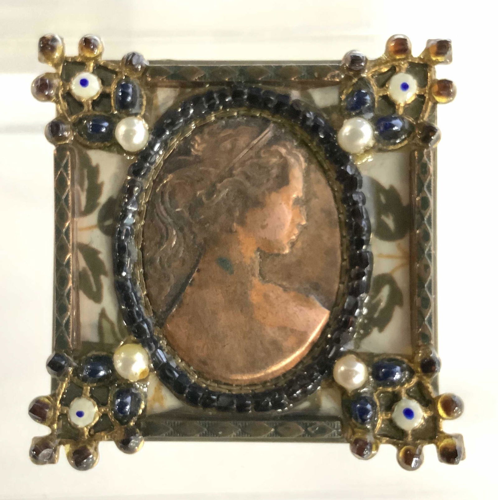 Copper Cameo Brooch with Enamel Frame (1 of 9)