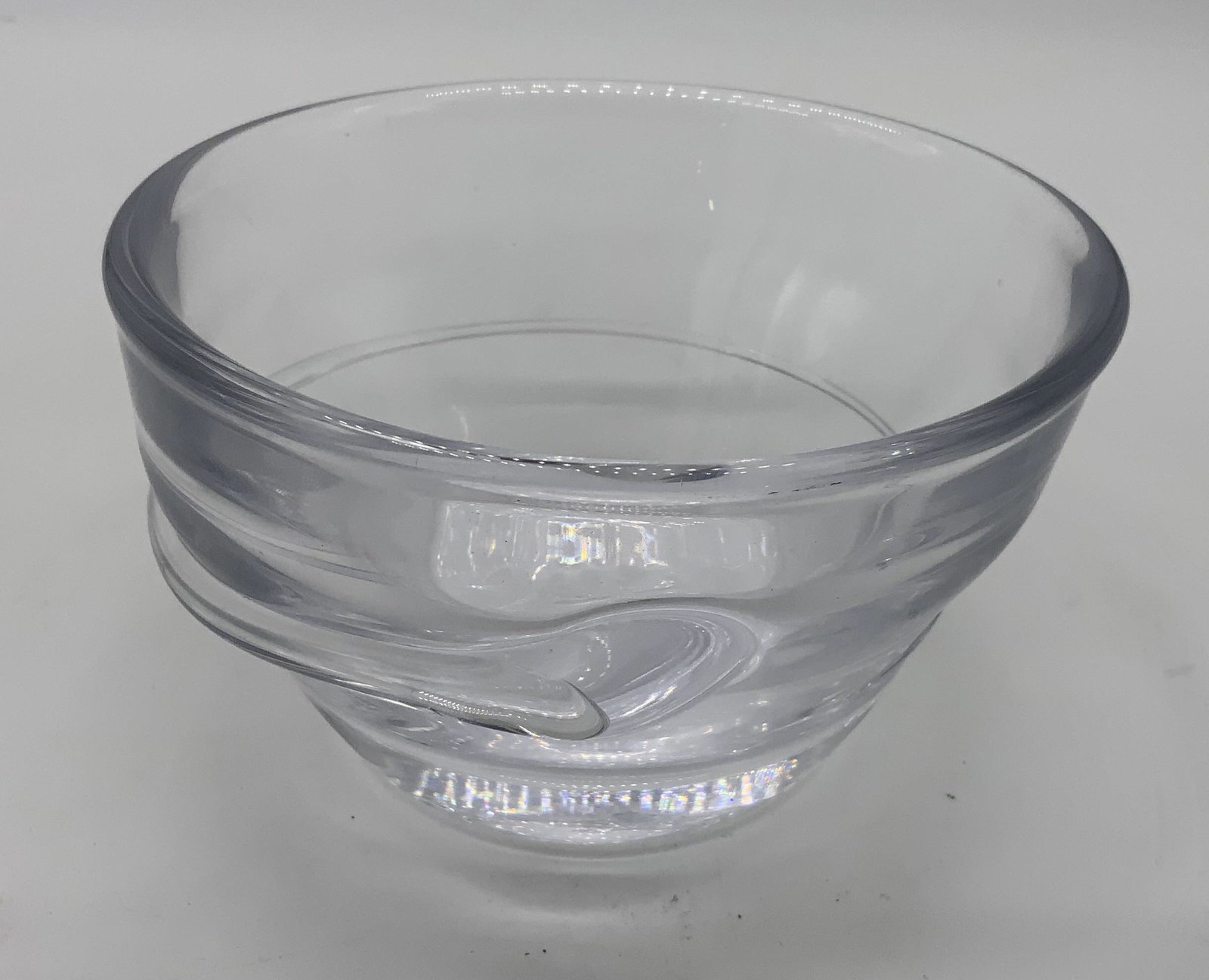 Minimalist Design Handmade Crystal Bowl: Minimalist Design Thick Walled Handmade Crystal Bowl, Pontil to base, measures 3 inches tall x 5 1/4 inches in diameter at widest point, surface wear to piece, Minimal design thick walled handmade cry