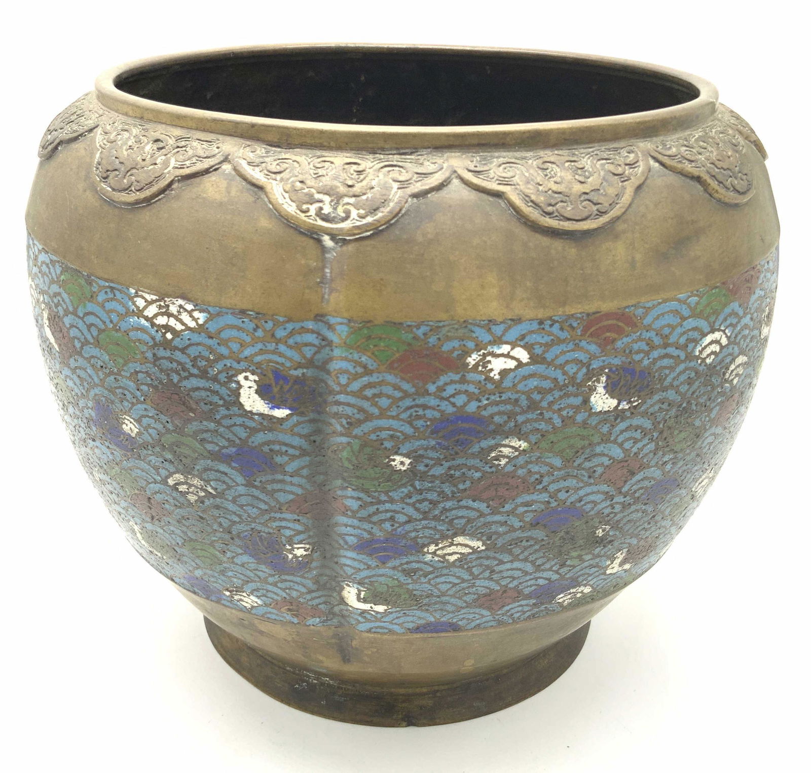 Signed Antique Asian Cloisonné Brass Fishbowl Vase (1 of 13)