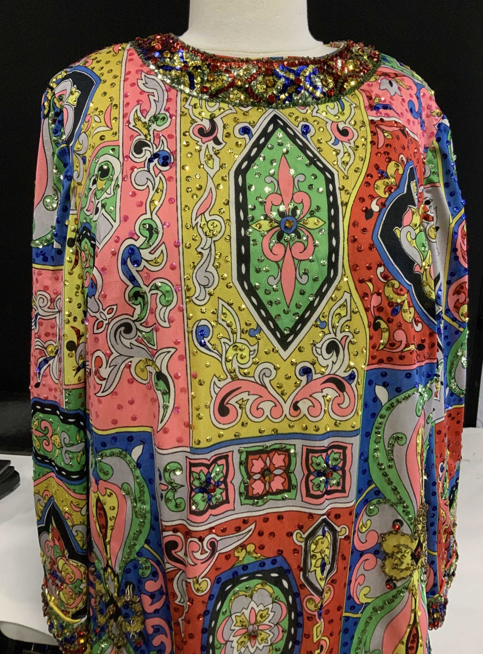 Vntg Gramercy Place Best & Co Sequin Dress: Size 18, Polyester Dress, Fully lined, long sleeves, Mid Century Style Box Dress, hand sewn sequins spread out over dress, heavier on lower hem, collar and sleeve cuffs. 37 in. Long. Backside zipper. 