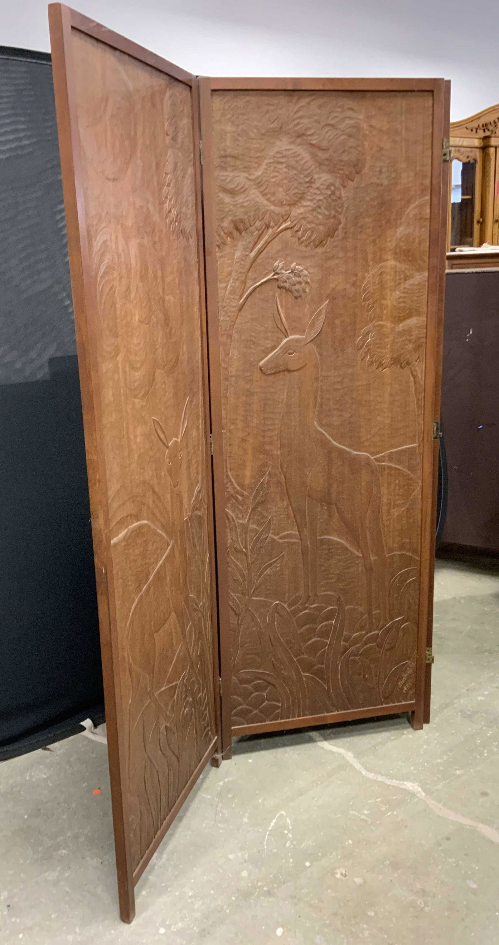 3 Panel Carved Wooden Room Screen (1 of 9)