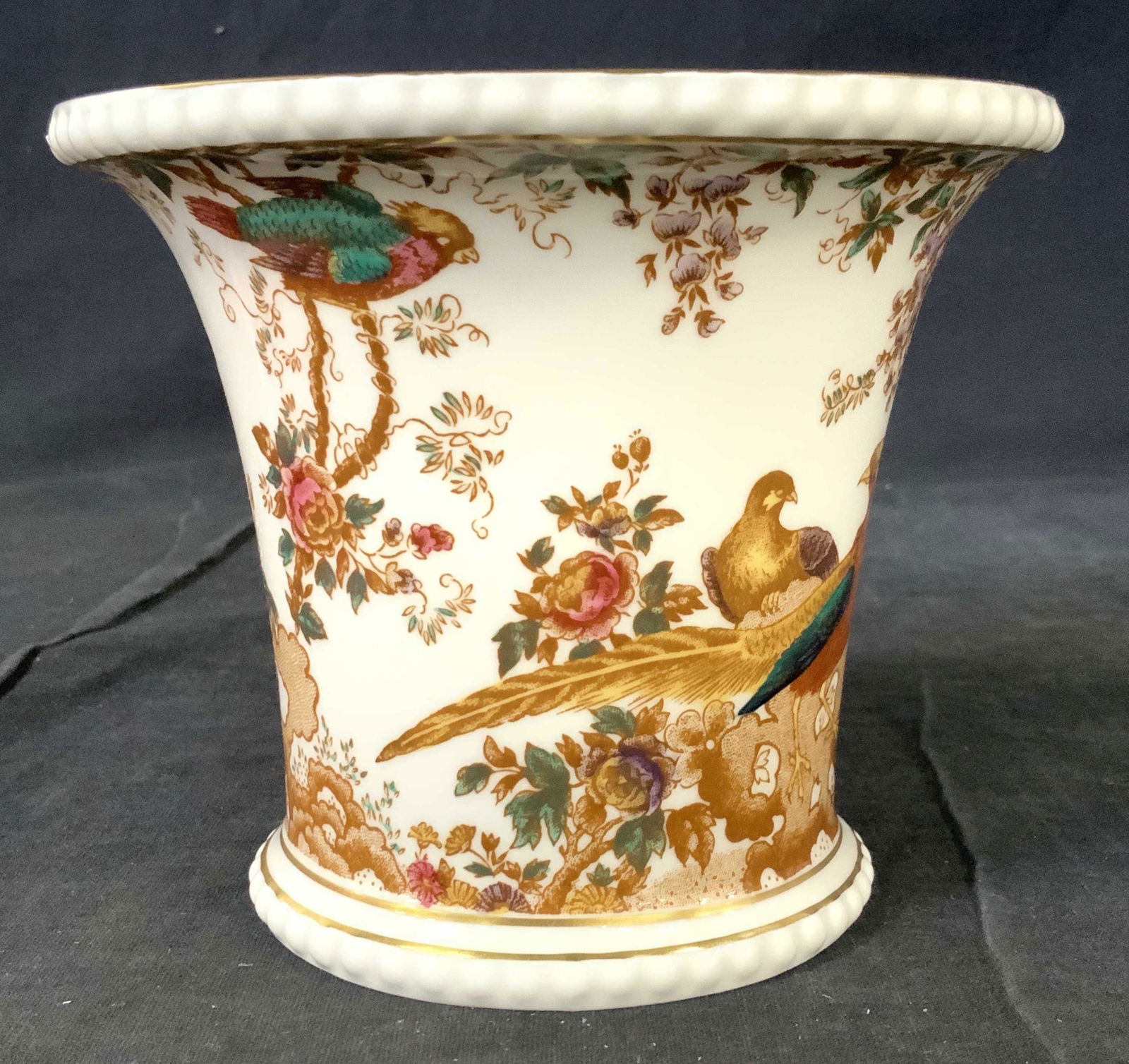 Royal Crown Derby Pheasant Vase, England: Hand painted Vase on white porcelain with Pheasants and Victorian Vines old Roses, this vase has an embossed upper and lower rim feature. SIGNED on verso, reads Derby China-Royal Crown Derby - English