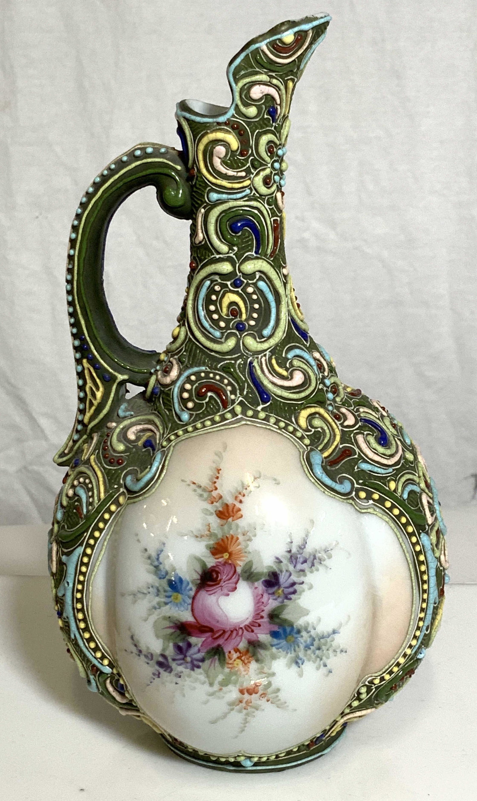 Hand Painted Vintage Porcelain Pitcher W Impasto design: Hand Painted Porcelain Pitcher, Raised Painted swirls in blues, yellow and green on green background. Unsigned, possibly Japanese Nippon Moriage. Has style of Vintage Venetian/ Italian / Florentine Ar