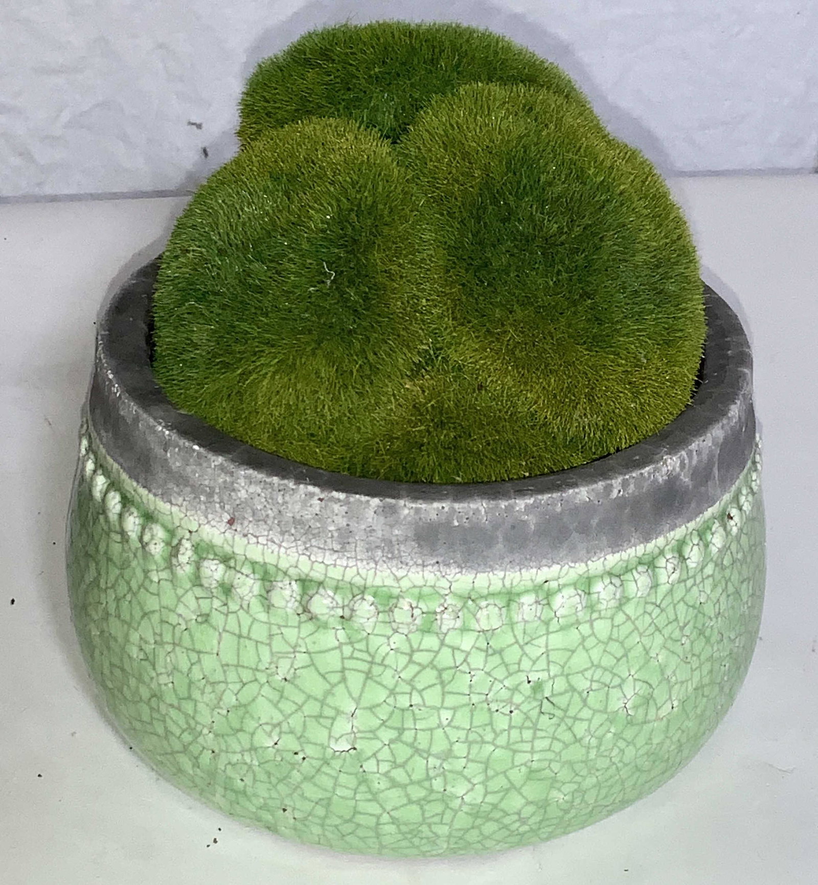 Green Glazed Terra Cotta Planter w Faux Moss (1 of 5)
