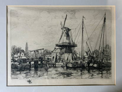 MAXIME LALANNE Etching of Haarlem 1877: MAXIME LALANNE Etching of Haarlem 1877, inscriptions read ‘Haarlem 1877 Lalanne’, subject scene of a harbor, measures 17 1/4 x 21 1/8, black wooden frame, surface wear to frame, professionally fra