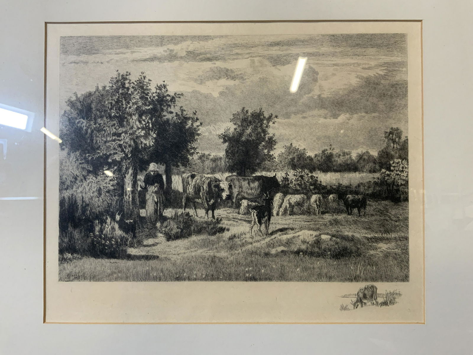 CONSTANT TROYON Etching of Farm Animals: CONSTANT TROYON Etching of Farm Animals, inscription reads ‘Troyon’, subject woman next to various farm animals, subject measures 15 5/8 x 18 1/2 inches, wood framed, professionally framed and dou