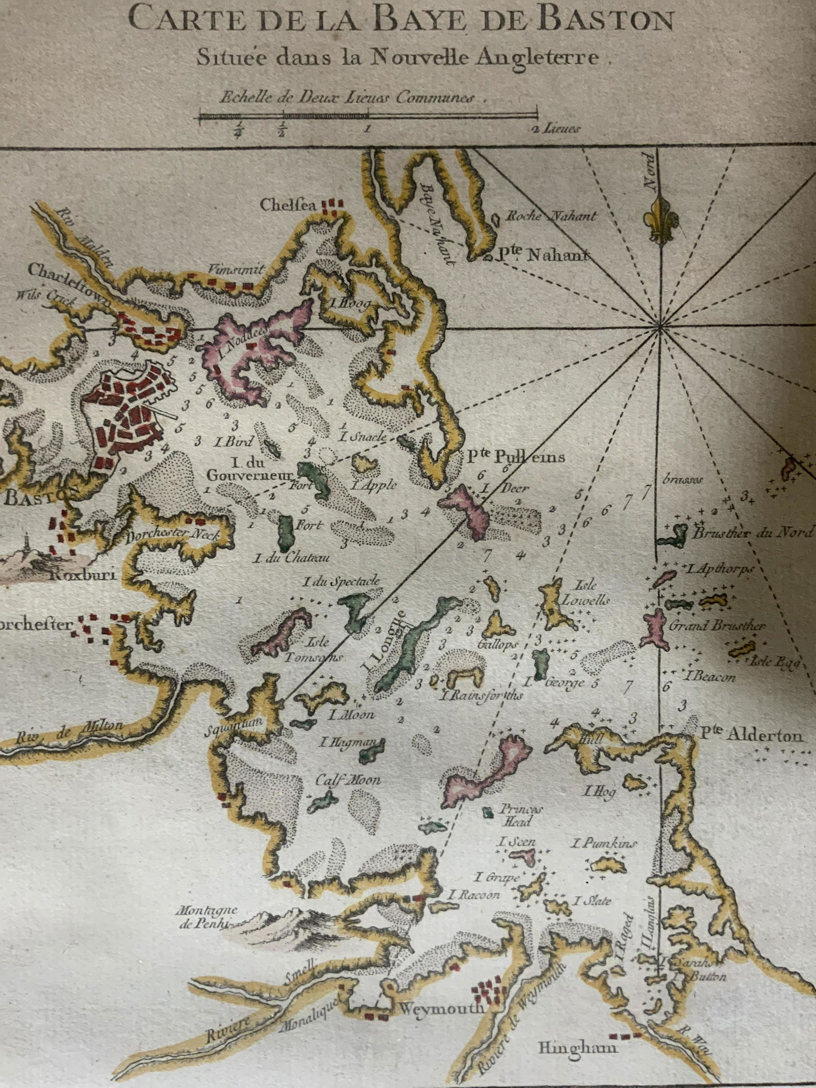 NICOLAS BELLIN Baye de Baston Map: NICOLAS BELLIN Baye de Baston Map, inscriptions to piece in French, inscription to lower right reads ‘BELLIN 1764’, label to reverse reads ‘Scarsdale Art & Frame Shop’, subject a map of the wo