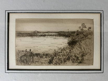 MARY NIMMO MORAN Etching, Landscape: MARY NIMMO MORAN Etching, Landscape, inscription to lower right reads ‘M N Moran’, subject a view of Hook Pond, East Hampton, measures 14 5/8 x 16 5/8 inches, gilt wooden frame, professionally fra