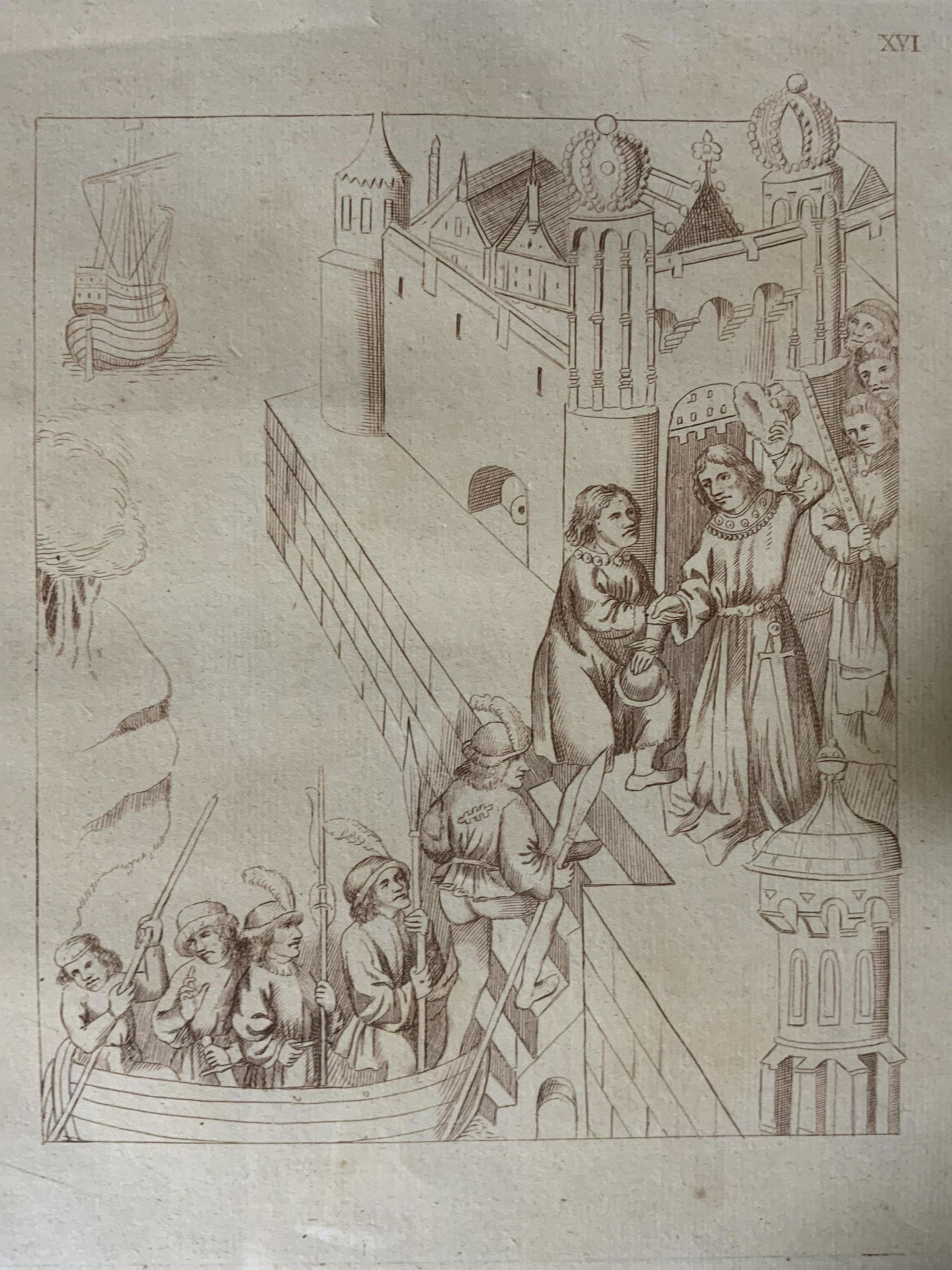 Medieval Style Etching of People Entering City (1 of 6)