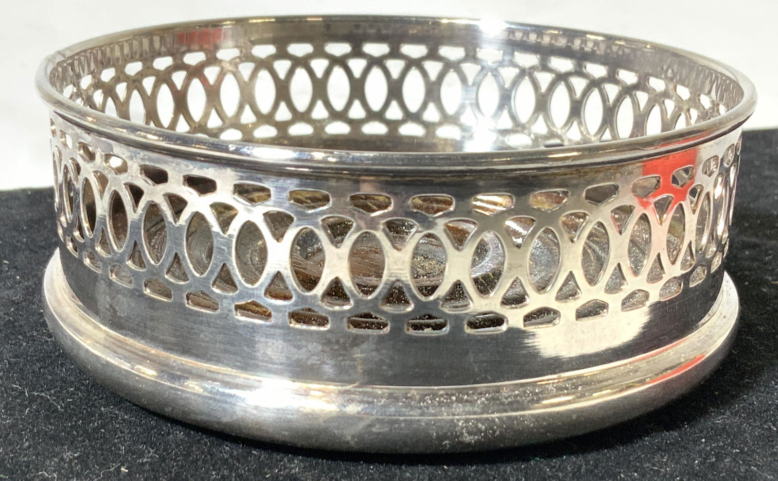 Silver Plate S. G. Gallery Wine Bottle Coaster: Vintage Silver Plate Wine Coaster Marked S.G Made in England, electric plated on copper, turned wood base, 3.5+ in diameter. Property of New Canaan, CT estate SILVER PLATE VINTAGE SG Wine trivet MADE