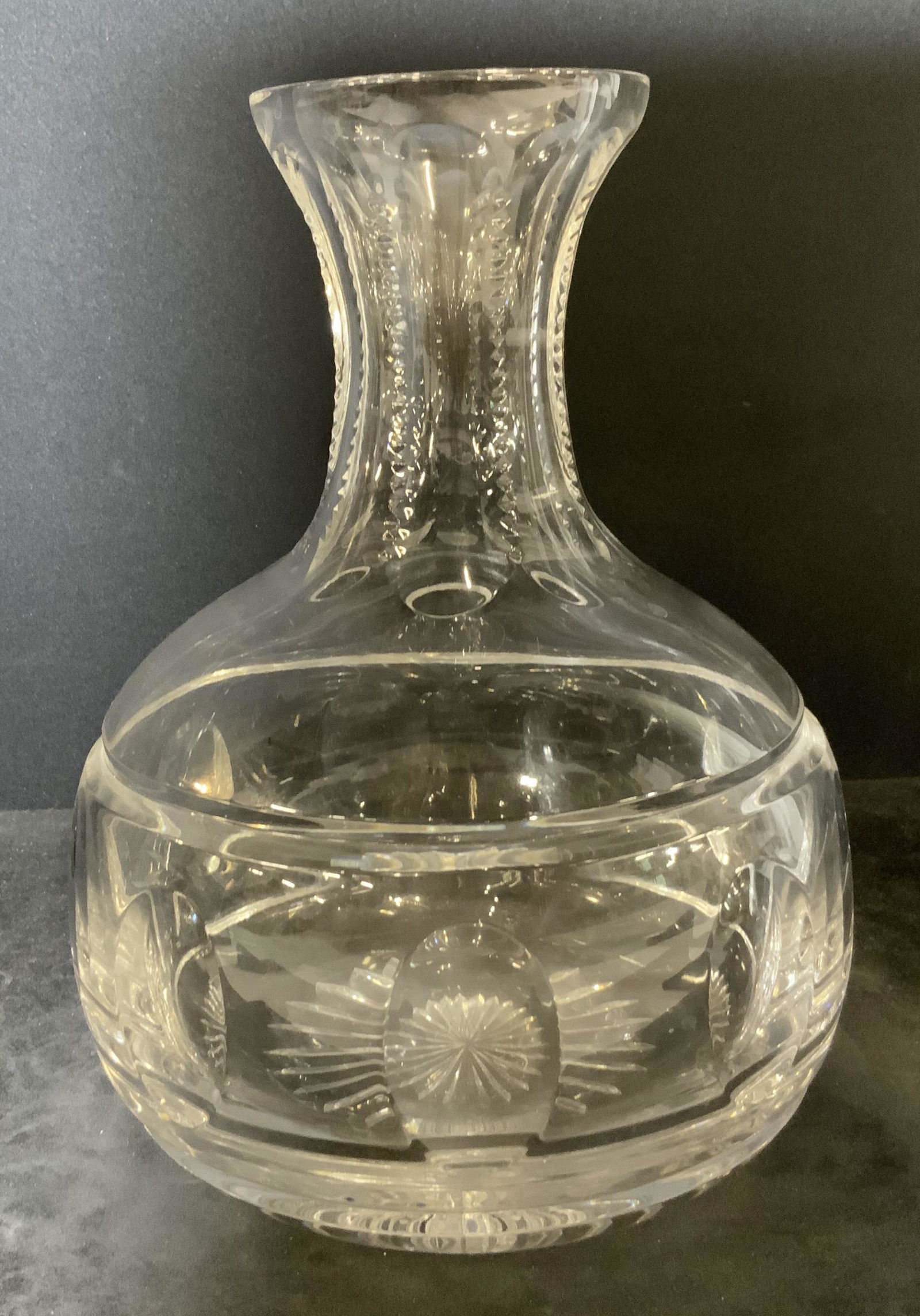 WILLIAM YEOWARD CRYSTAL Decanter: WILLIAM YEOWARD Crystal Rachel Wine Carafe Decanter, inscriptions to base reads ‘WILLIAM YEOWARD’, cut crystal detailed, measures 8 1/2 inches at tallest point x 6 1/2 inches in diameter at widest