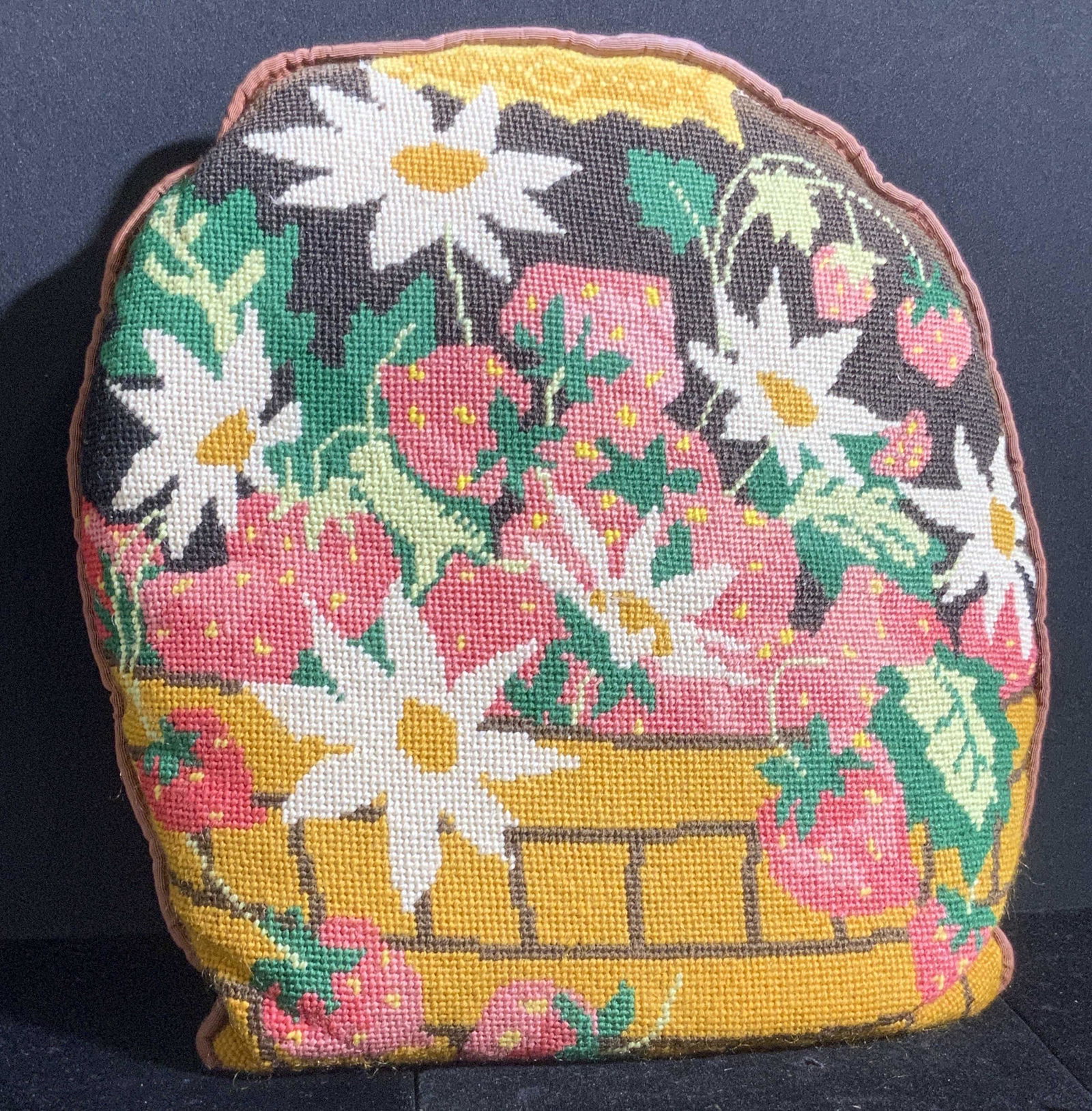 Vintage Needlepoint Strawberry Motif Throw Pillow (1 of 10)