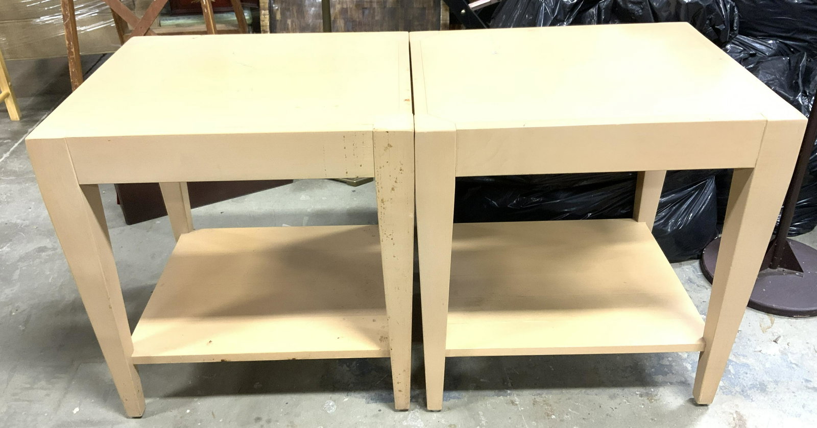 Pair Side Tables: Lot includes 2 side tables each appear to be wooden, possibly composite. Each measures approx 22.5 inches tall 21 inches wide 18 inches deep. nightstands, end tables, lamp tables, bedside tables, home