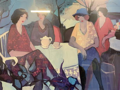 ITZCHAK TARKAY Garden Party Offset Lithograph: ITZCHAK TARKAY Garden Party Offset Lithograph, inscription to lower right reads ‘TARKAY’, subject women sitting around a table, measures 39 1/4 x 57 1/8 inches, black wooden frame, surface wear to