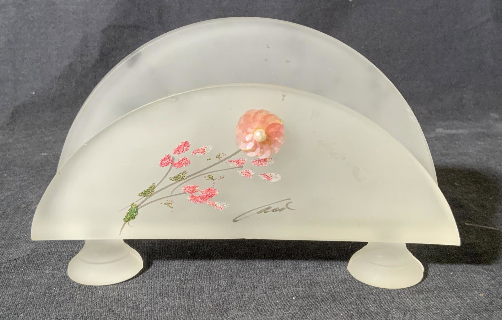 Signed Frosted Glass Napkin Holder: Signed Frosted Glass Napkin Holder, signature to piece illegible, measures 3 1/2 inches tall x 5 5/8 inches wide, surface wear and some chips to piece, Signed, glass, napkin holder, tableware, dinnerw