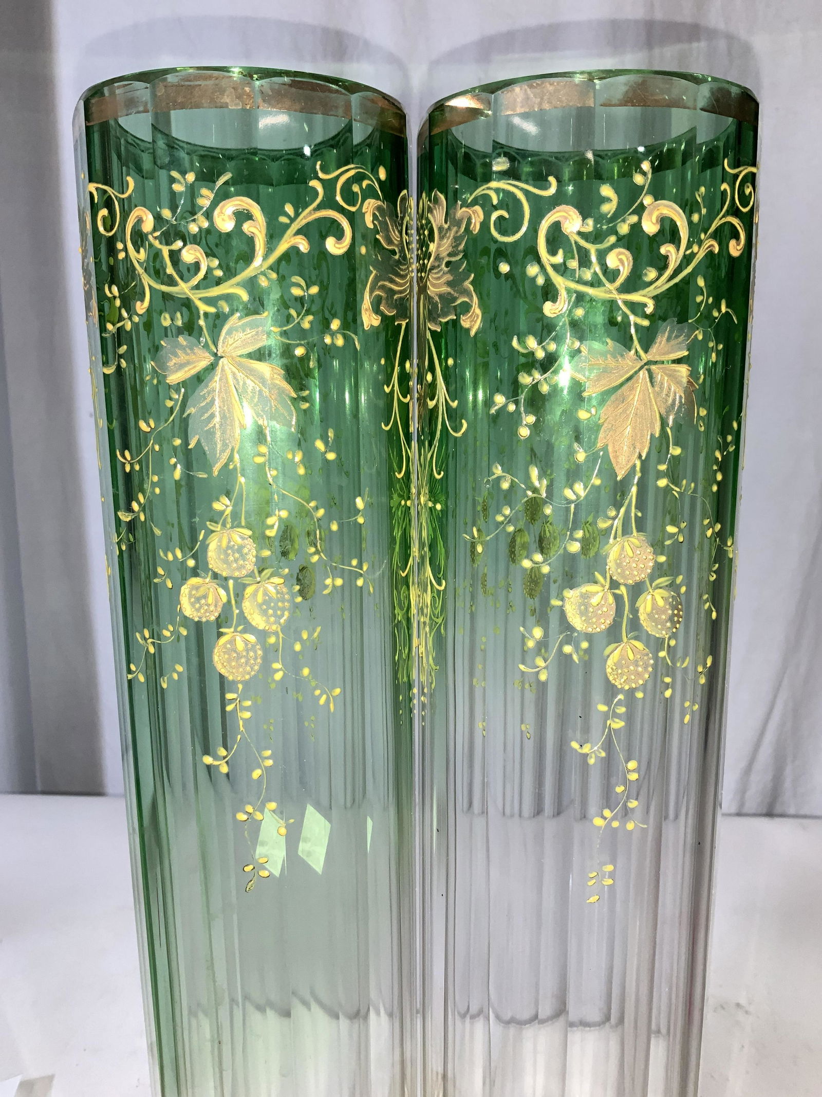 Pr Green to Clear Faceted Hand Painted Glass Vases (1 of 5)