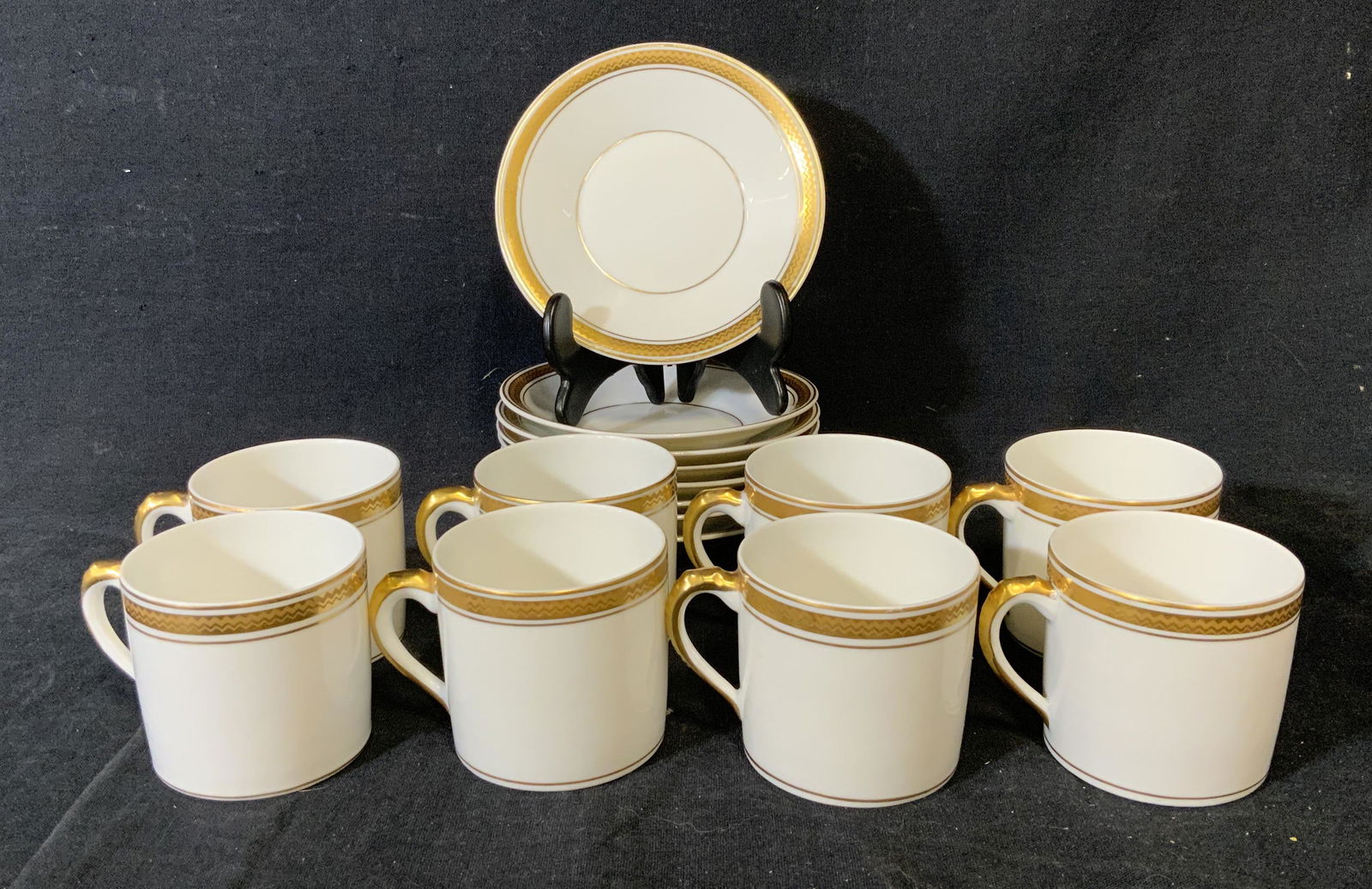 Lot of 16 VISTA ALEGRE Tea Cups and Saucers: Lot of 16 VISTA ALEGRE Tea Cups and Saucers, label reads ‘VA Portugal’, teacups each measure 2 1/8 inches tall x 3 1/8 inches at widest point, saucers measure 5/8 inches tall x 4 3/8 inches in dia