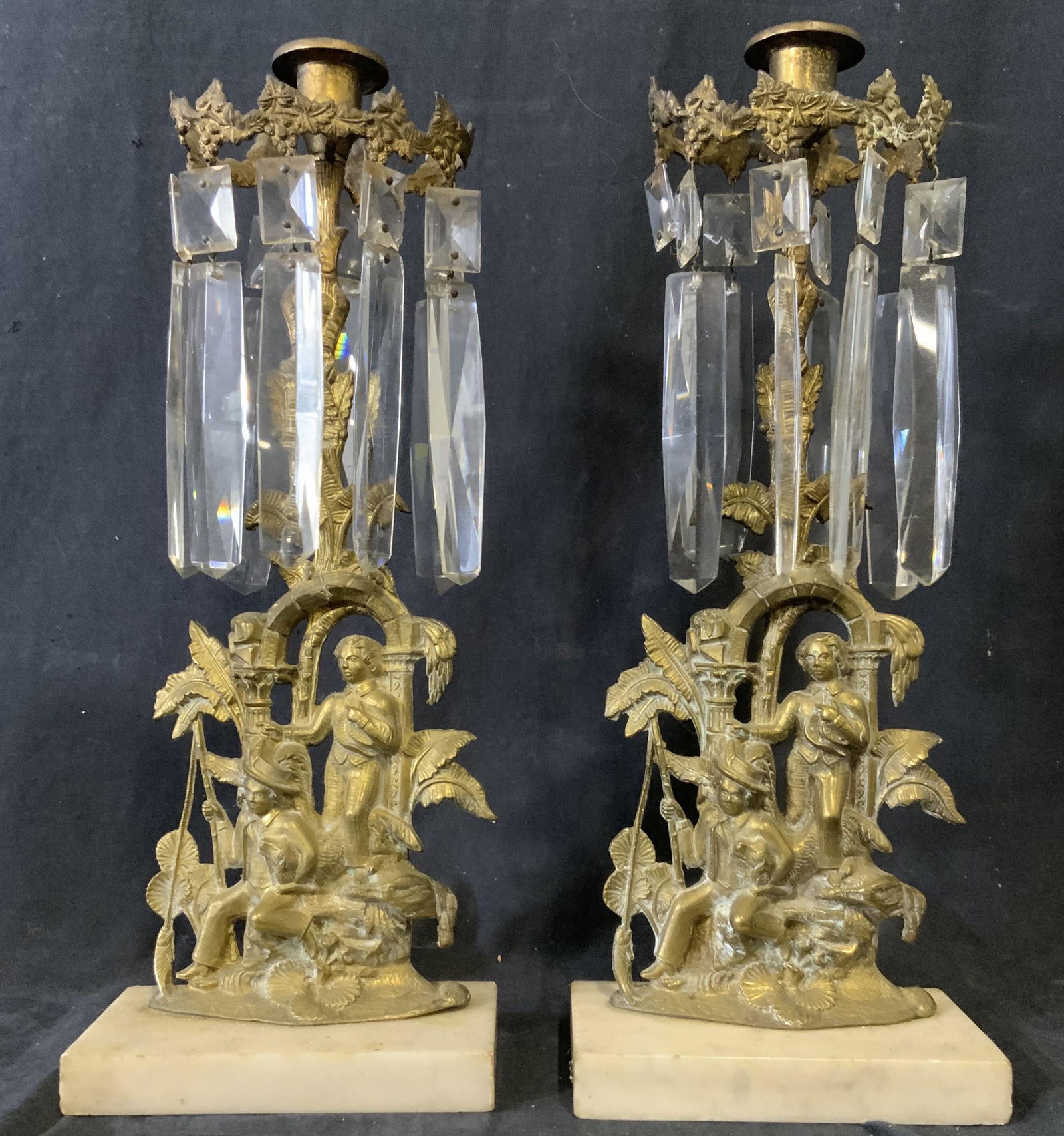Pair Gilt Bronze Crystal Lustres on Marble (1 of 6)