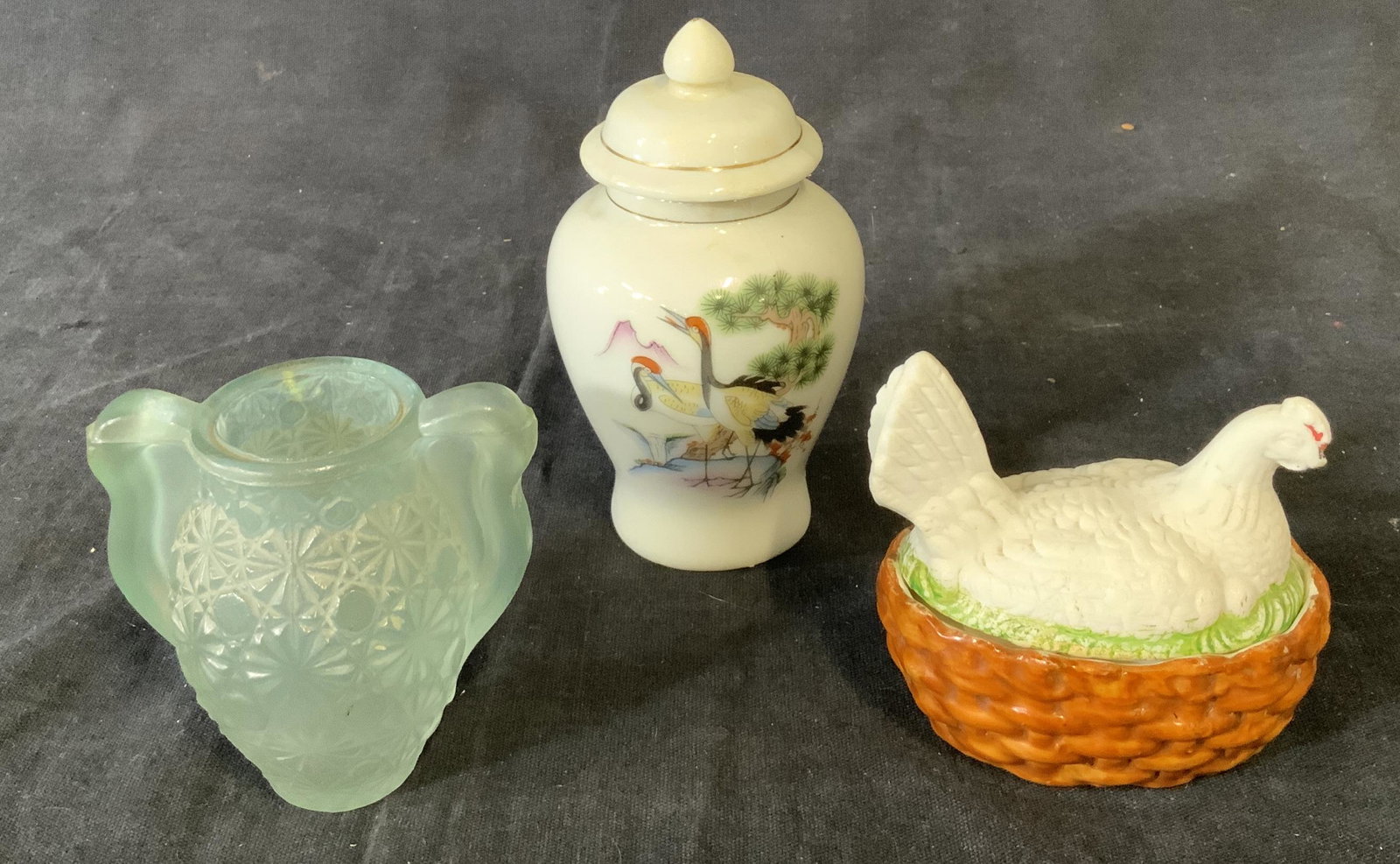 Lot of 3 Trinket Box and Vessels: Lot of 3 Trinket Box and Vessels, no apparent inscriptions or markings to any piece, largest piece measures 4 1/4 inches tall x 1 3/8 inches at widest point, smallest piece measures 2 1/2 inches tall 