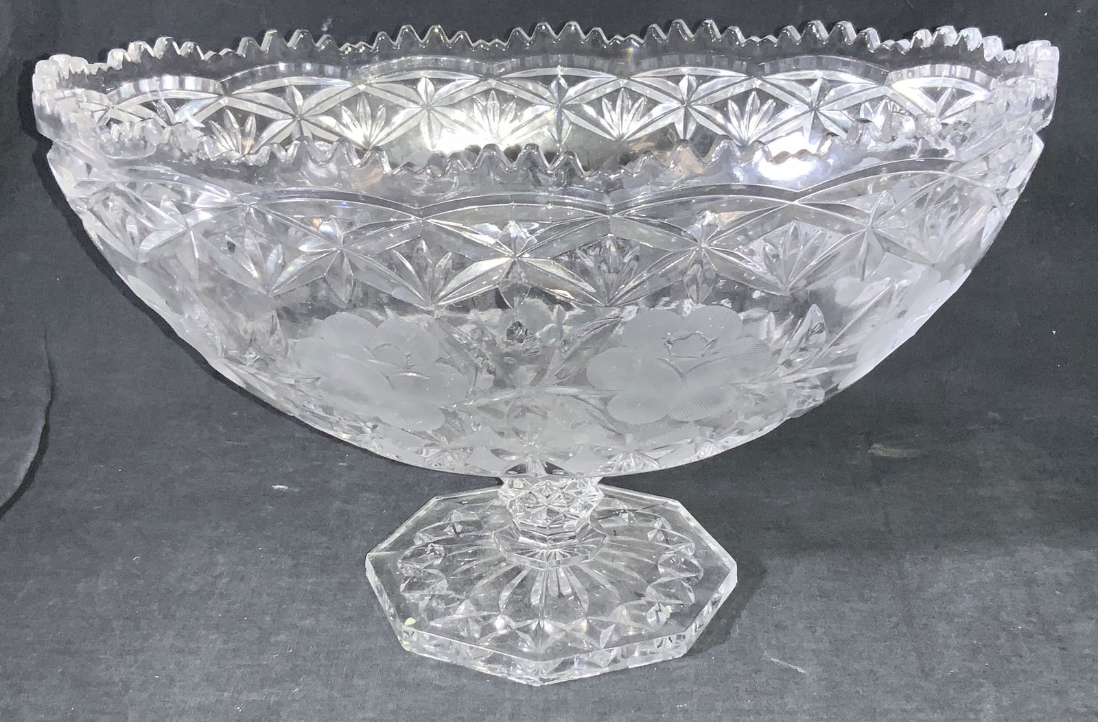 Cut Crystal Pedestal Bowl with Sawtooth Rim (1 of 7)