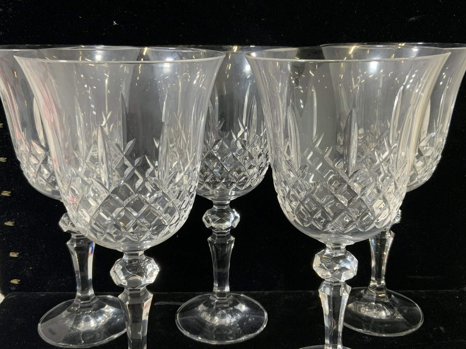 Cut Crystal Bell Shape Stemware Set 5: Vintage Cut Crystal wine glasses, diamond pattern on lower body, attractive faceted stem, possibly Waterford’s Lismore Pattern. Bell shape goblet, 7.5 in. Ht, 3.75 in diameter. Crystal ware, Cut Cry