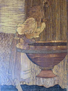 Intarsia Wood Panel, Girl at Fountain: Intarsia Wood Panel, Girl at Fountain, label to reverse describes where the various woods originated from, other labels reads ‘David Kramer’, subject a girl resting on a fountain, measures 9 7/8 x