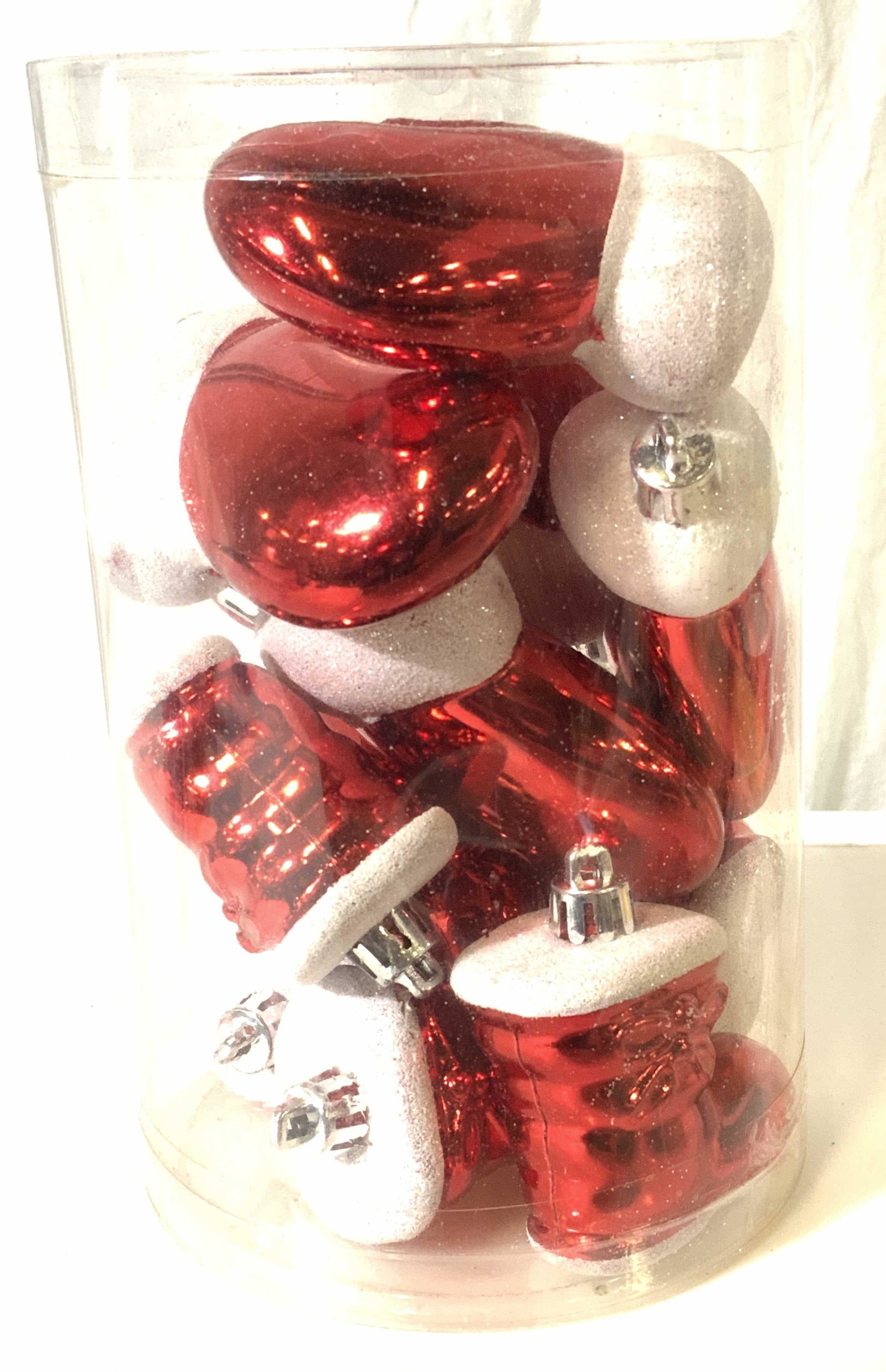 Set Glitter Glass Santa Boot & Glove Ornaments, 12: Christmas tree Ornaments, Or use for other craft purpose. Old New Stock , not removed from original plastic container. Red and white are metallic and glitter Mitten and boot ornaments. Decorative Arts