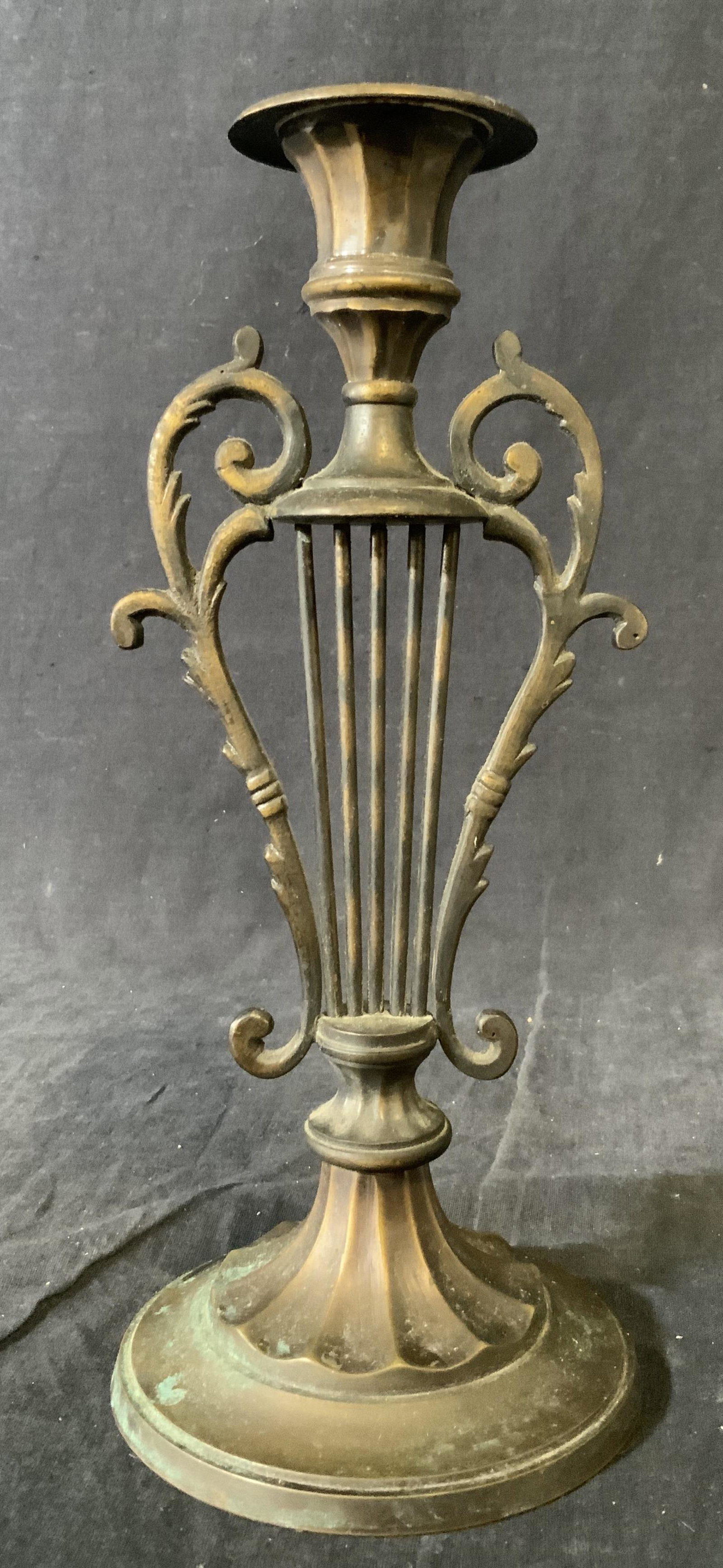 CENTURY Brass Harp Candle Holder: CENTURY Brass Harp Candle Holder, label to base reads ‘Century Distinctive Gift’, measures 11 3/4 inches tall x 5 inches in diameter at widest point, surface wear to piece, Century Brass Harp Cand