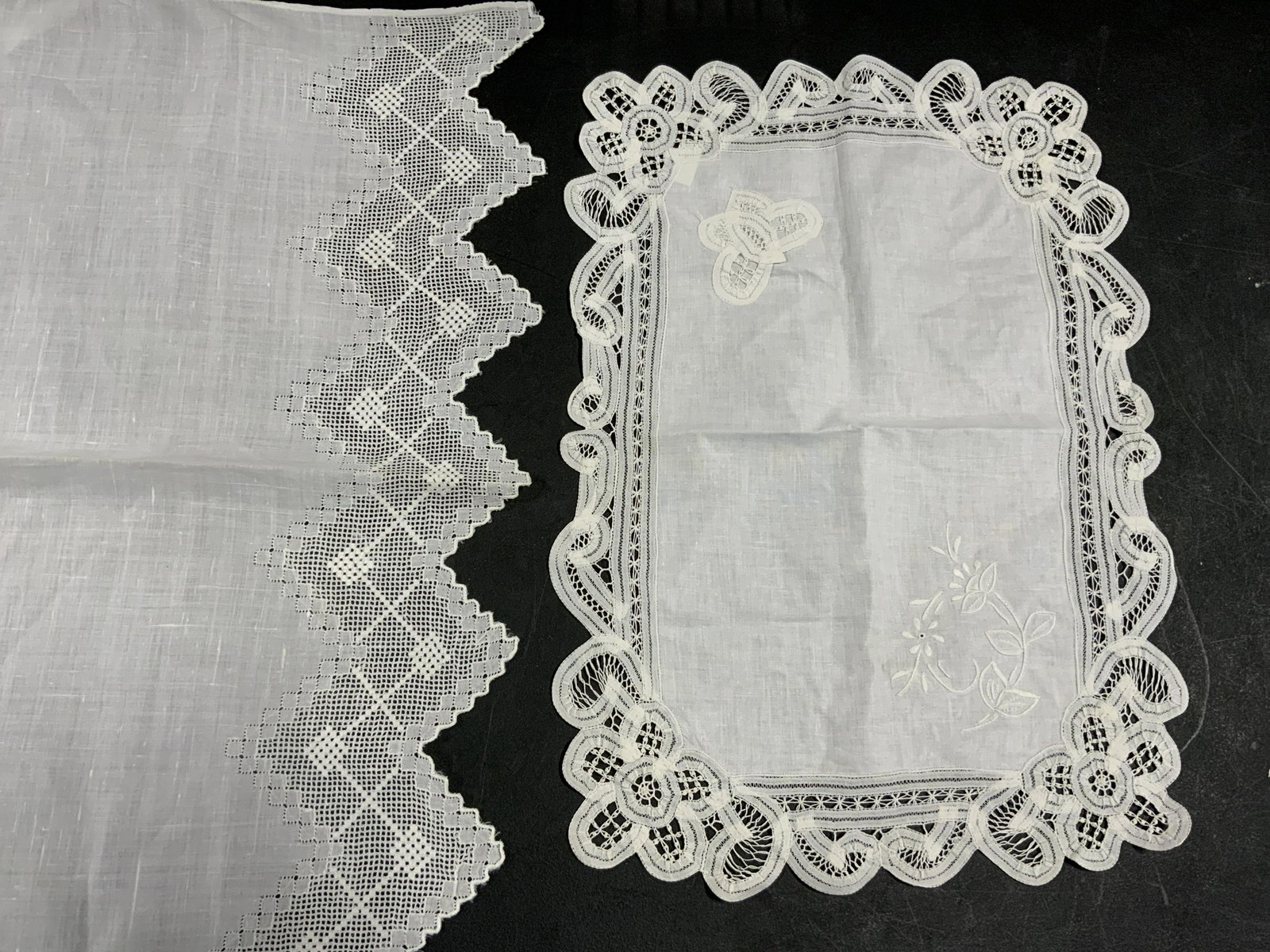 Lot 2 Bureau Scarf and Placemat: Lot 2 Bureau Scarf and Placemat, pieces have been freshly laundered, label to placemat reads ‘100% cotton’, measures 13 5/8 x 20 1/2 inches, scarf measures 27 1/8 x 43 1/8 inches, loose threads to