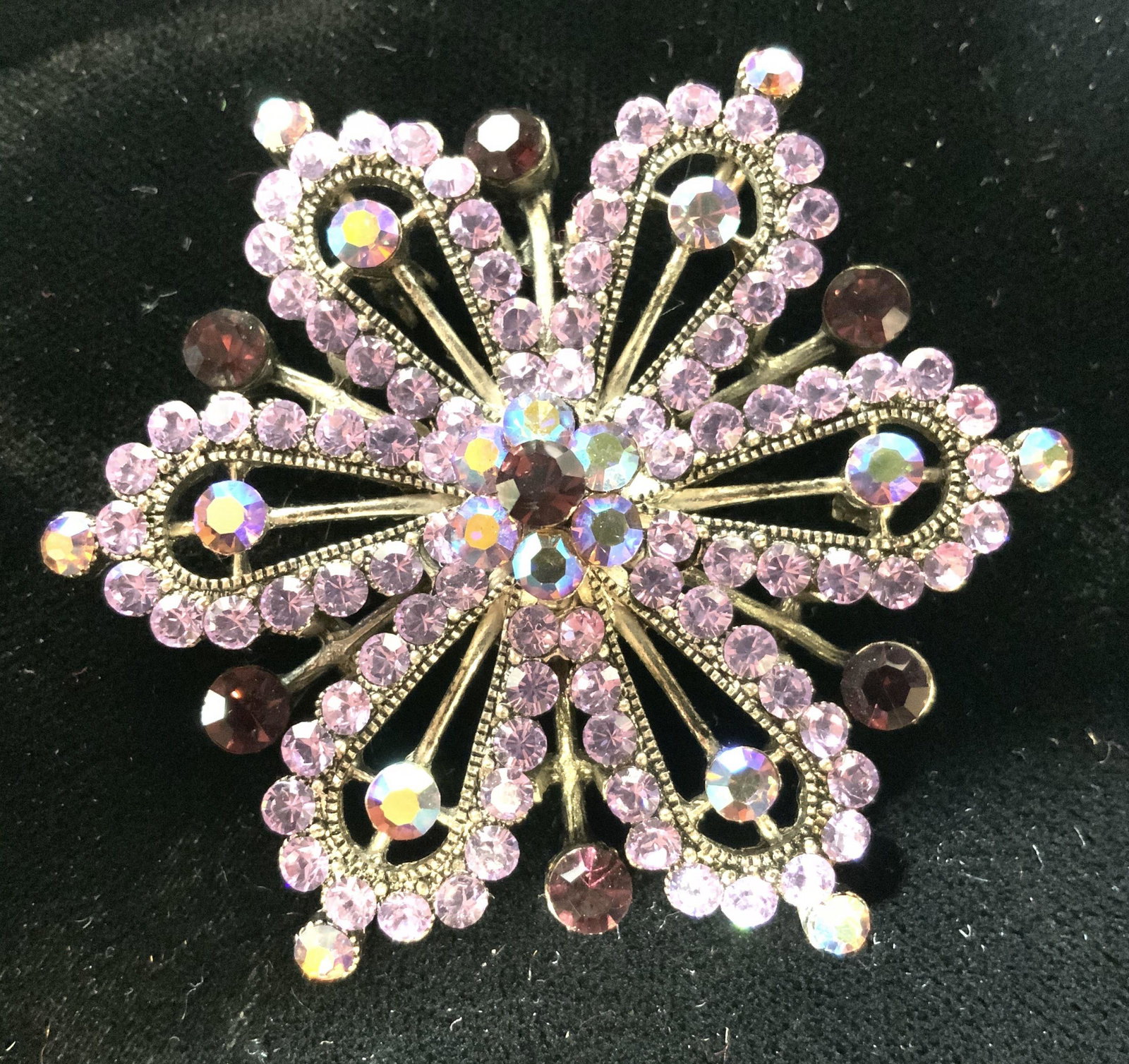 Vintage AB Crystal Floral Pendant, Jewelry: Vintage AB Crystal Floral Pendant on silver tone metal, previously was a broach, has bail to work as pendent, measures 2 1/2 inches in diameter. Bright violet and garnet toned crystals. Bridal Accesso