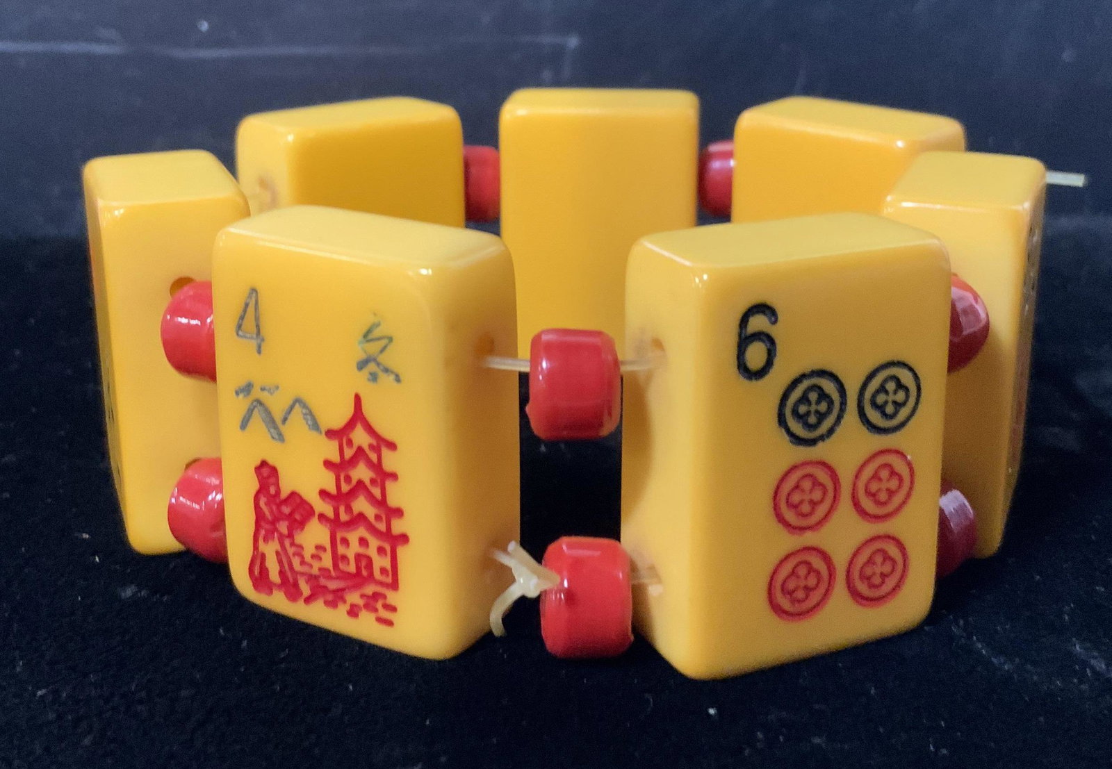 Majong Tile Asian Bakelite Bracelet, Jewelry: Majong Tile Asian Bakelite Chunky Bracelet, jewelry, possibly resin, measures 3 3/8 inches, six unique majong tiles, Majong tile Asian Bakelite chunky bracelet, asian jewelry, majong tile jewelry, Vin