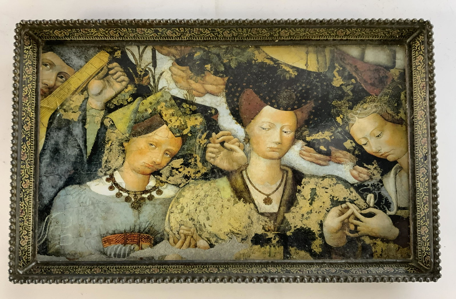 WILLAN F Signed Medieval Decorative Tray: WILLAN F Signed Medieval Decorative Tray, signature to base reads ‘Willan f’ features gothic fresco design in center of tray, measures 10 3/8 inches in length x 6 1/2 inches in width, surface wear