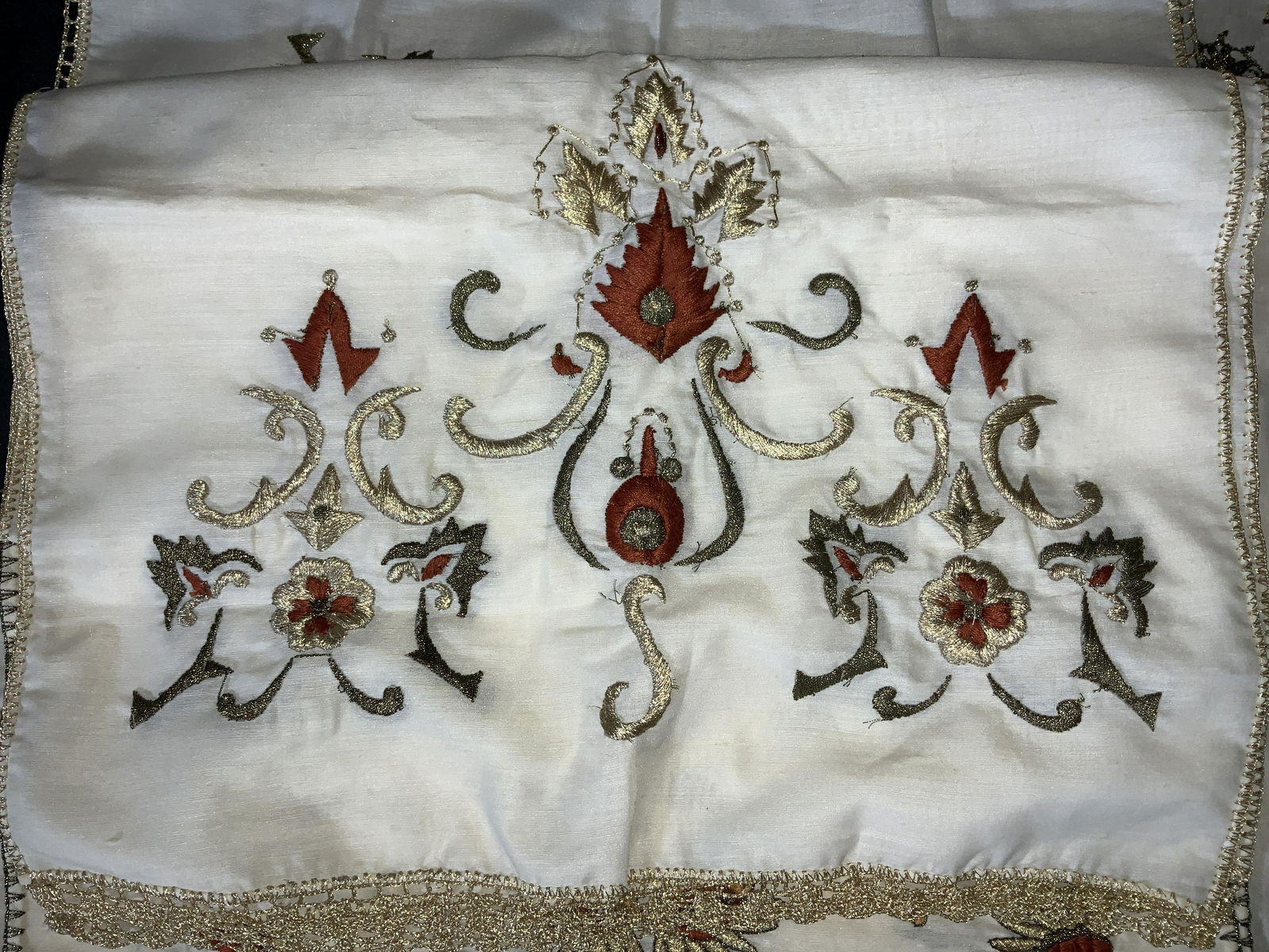 Set 6 Embroid. Asian Style Furniture/Table Covers: Floral & scroll Embroidery with metallic thread, orange and saffron scrolls on cotton or poly cream toned fabric. Edges crochet with metallic gold thread. Set includes 2 centerpiece table runners 41 x