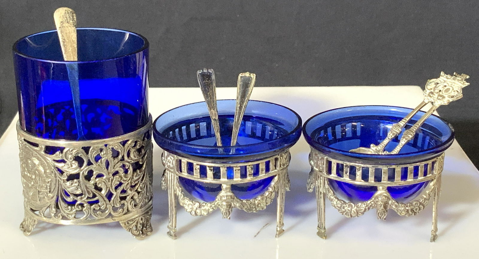 Set3 Cobalt Blue Salt Cellars with Sterling Spoons (1 of 7)