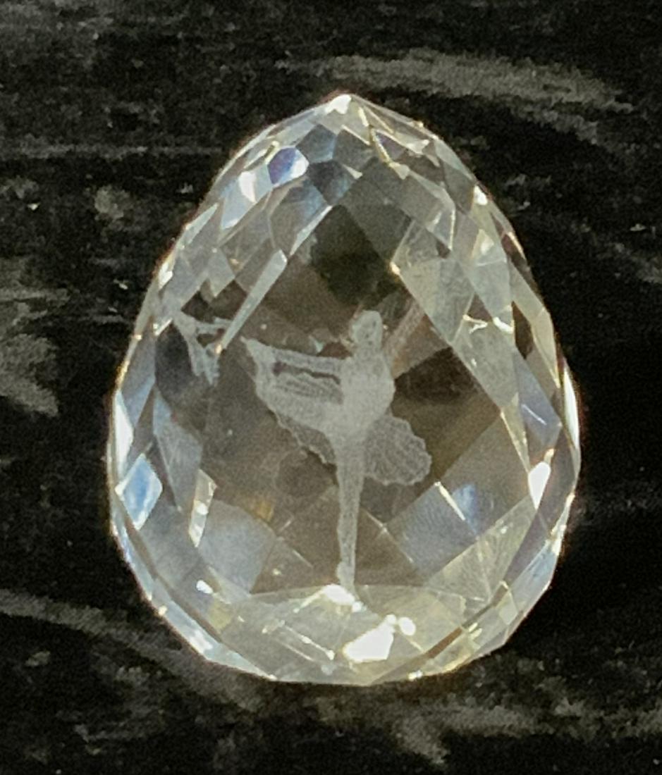 Dancing Ballerina Bubblegram Crystal Prism: Faceted Crystal prism in shape of an egg, turn the object to see the ballerina in different dancing positions. 1.75 in. Ht, 1.5 in. W Brilliant Shine. Crystal Ballerina Bubblegram prism, Crystal Prism