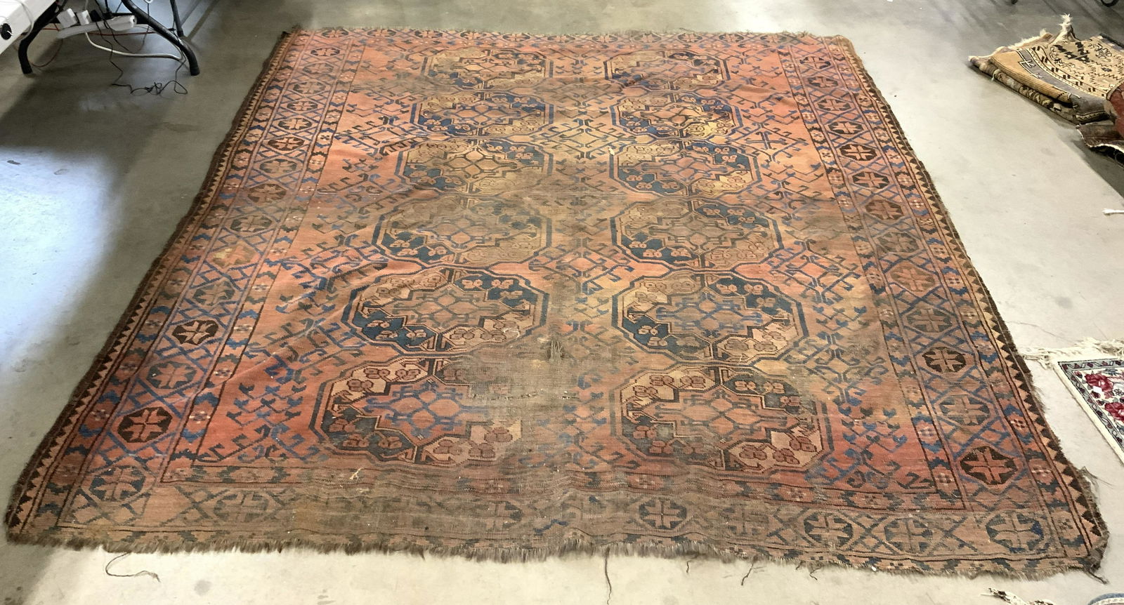 Antique Handmade Persian Wool Rug: Rug is handmade and wool. Piece appears to be antique. Rug has intricate multi toned geometric detail. Rug measures approx 92 inches long 87 inches wide. Rug, carpet, wool rug, antique rug, Persian ru