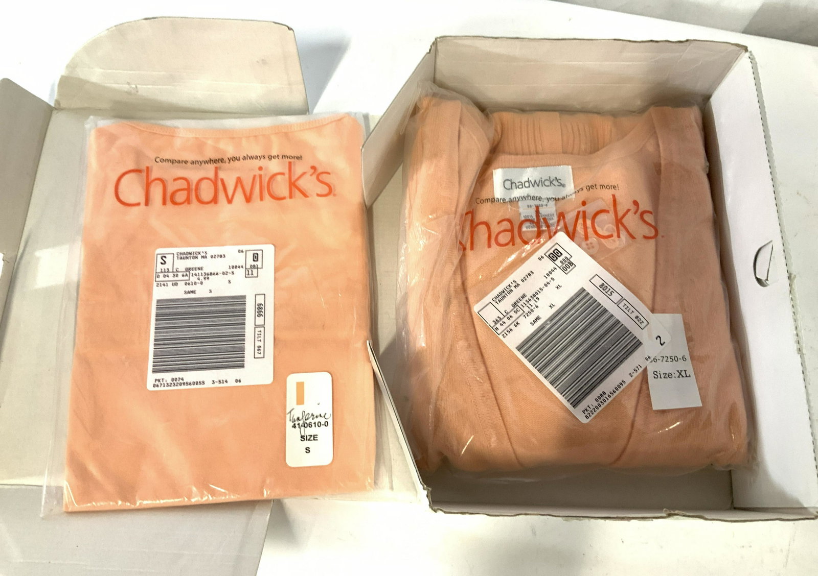 Never Worn CHADWICK’s Cashmere Sweater,Cotton Top: New in original package and white coated board box, are these two peach toned ladies wearables by Chadwick’s . XL Button down cashmere sweater. Matching Cotton Top, size Small, possibly a tank top. 